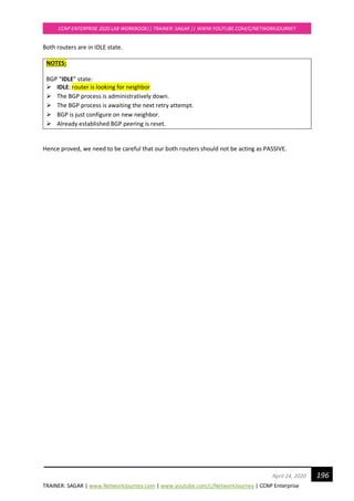 TRAINER: SAGAR | www.NetworkJourney.com | www.youtube.com/c/NetworkJourney | CCNP Enterprise
CCNP ENTERPRISE 2020 LAB WORKBOOK|| TRAINER: SAGAR || WWW.YOUTUBE.COM/C/NETWORKJOURNEY
196April 24, 2020
Both routers are in IDLE state.
NOTES:
BGP “IDLE” state:
➢ IDLE: router is looking for neighbor
➢ The BGP process is administratively down.
➢ The BGP process is awaiting the next retry attempt.
➢ BGP is just configure on new neighbor.
➢ Already established BGP peering is reset.
Hence proved, we need to be careful that our both routers should not be acting as PASSIVE.
 