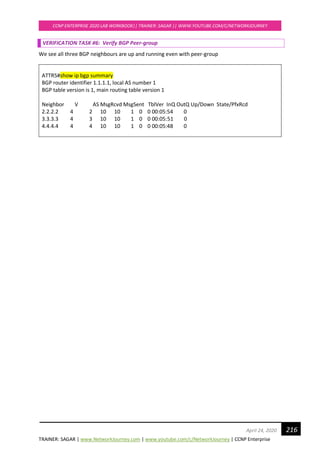 TRAINER: SAGAR | www.NetworkJourney.com | www.youtube.com/c/NetworkJourney | CCNP Enterprise
CCNP ENTERPRISE 2020 LAB WORKBOOK|| TRAINER: SAGAR || WWW.YOUTUBE.COM/C/NETWORKJOURNEY
216April 24, 2020
VERIFICATION TASK #6: Verify BGP Peer-group
We see all three BGP neighbours are up and running even with peer-group
ATTR5#show ip bgp summary
BGP router identifier 1.1.1.1, local AS number 1
BGP table version is 1, main routing table version 1
Neighbor V AS MsgRcvd MsgSent TblVer InQ OutQ Up/Down State/PfxRcd
2.2.2.2 4 2 10 10 1 0 0 00:05:54 0
3.3.3.3 4 3 10 10 1 0 0 00:05:51 0
4.4.4.4 4 4 10 10 1 0 0 00:05:48 0
 