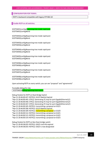 TRAINER: SAGAR | www.NetworkJourney.com | www.youtube.com/c/NetworkJourney | CCNP Enterprise
CCNP ENTERPRISE 2020 LAB WORKBOOK|| TRAINER: SAGAR || WWW.YOUTUBE.COM/C/NETWORKJOURNEY
31April 24, 2020
CONFIGURATION FOR TASK#1:
RSTP is backward compatible with legacy STP 802.1D
Enable RSTP on all switches:
SCOTSW01(config)#spanning-tree mode rapid-pvst
SCOTSW01(config)#end
SCOTSW02(config)#spanning-tree mode rapid-pvst
SCOTSW02(config)#end
SCOTSW03(config)#spanning-tree mode rapid-pvst
SCOTSW03(config)#end
SCOTSW04(config)#spanning-tree mode rapid-pvst
SCOTSW04(config)#end
SCOTSW05(config)#spanning-tree mode rapid-pvst
SCOTSW05(config)#end
SCOTSW06(config)#spanning-tree mode rapid-pvst
SCOTSW06(config)#end
SCOTSW07(config)#spanning-tree mode rapid-pvst
SCOTSW07(config)#end
SCOTSW08(config)#spanning-tree mode rapid-pvst
SCOTSW08(config)#end
Upon activating RSTP on every switch, you can see “proposal” and “agreements”
To enable debug for rstp
SCOTSW01#debug spanning-tree events
Debug Packets for RSTP on Root Bridge Switch
*Apr 21 20:46:00.427: RSTP(1): Gi2/2 fdwhile Expired
*Apr 21 20:46:00.445: STP[1]: Generating TC trap for port GigabitEthernet1/1
*Apr 21 20:46:00.446: STP[1]: Generating TC trap for port GigabitEthernet1/2
*Apr 21 20:46:00.447: STP[1]: Generating TC trap for port GigabitEthernet1/3
*Apr 21 20:46:00.505: RSTP(1): transmitting a proposal on Gi2/3
*Apr 21 20:46:00.506: RSTP(1): Gi2/3 fdwhile Expired
*Apr 21 20:46:00.509: RSTP(1): transmitting a proposal on Gi3/0
*Apr 21 20:46:00.512: RSTP(1): transmitting a proposal on Gi3/1
*Apr 21 20:46:00.515: RSTP(1): transmitting a proposal on Gi3/2
*Apr 21 20:46:00.519: RSTP(1): transmitting a proposal on Gi3/3
Debug Packets for RSTP on Non Root-bridge switch
*Apr 21 20:49:38.033: RSTP(1): Gi0/2 rcvd info expired
*Apr 21 20:49:38.033: RSTP(1): Gi0/2 is now designated
 