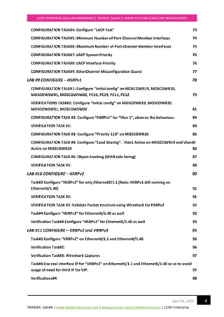 TRAINER: SAGAR | www.NetworkJourney.com | www.youtube.com/c/NetworkJourney | CCNP Enterprise
CCNP ENTERPRISE 2020 LAB WORKBOOK|| TRAINER: SAGAR || WWW.YOUTUBE.COM/C/NETWORKJOURNEY
4April 24, 2020
CONFIGURATION TASK#4: Configure “LACP Fast” 73
CONFIGURATION TASK#5: Minimum Number of Port-Channel Member Interfaces 74
CONFIGURATION TASK#6: Maximum Number of Port-Channel Member Interfaces 75
CONFIGURATION TASK#7: LACP System Priority 76
CONFIGURATION TASK#8: LACP Interface Priority 76
CONFIGURATION TASK#9: EtherChannel Misconfiguration Guard 77
LAB #9 CONFIGURE – HSRPv1 78
CONFIGURATION TASK#1: Configure “Initial config” on MOSCOWR19, MOSCOWR20,
MOSCOWSW01, MOSCOWSW02, PC10, PC19, PC11, PC12 79
VERIFICATIONS TASK#1: Configure “Initial config” on MOSCOWR19, MOSCOWR20,
MOSCOWSW01, MOSCOWSW02 81
CONFIGURATION TASK #2: Configure “HSRPv1” for “Vlan 1”, observe the behaviour. 84
VERIFICATION TASK #2: 84
CONFIGURATION TASK #3: Configure ”Priority 110” on MOSCOWR20 86
CONFIGURATION TASK #4: Configure “Load Sharing”. Vlan1 Active on MOSCOWR19 and Vlan40
Active on MOSCOWR20 86
CONFIGURATION TASK #5: Object-tracking (WAN side facing) 87
VERIFICATION TASK #5: 88
LAB #10 CONFIGURE – HSRPv2 90
Task#2 Configure “HSRPv2” for only Ethernet0/1.1 (Note: HSRPv1 still running on
Ethernet0/1.40) 91
VERIFICATION TASK #2: 91
VERIFICATION TASK #3: Validate Packet structure using Wireshark for HSRPv2 92
Task#4 Configure “HSRPv2” for Ethernet0/1.40 as well 93
Verification Task#4 Configure “HSRPv2” for Ethernet0/1.40 as well 93
LAB #11 CONFIGURE – VRRPv2 and VRRPv3 95
Task#2 Configure “VRRPv2” on Ethernet0/1.1 and Ethernet0/1.40 96
Verification Task#2: 96
Verification Task#3: Wireshark Captures 97
Task#4 Use real interface IP for “VRRPv2” on Ethernet0/1.1 and Ethernet0/1.40 so as to avoid
usage of need for third IP for VIP. 97
Verifications#4 98
 