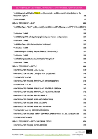 TRAINER: SAGAR | www.NetworkJourney.com | www.youtube.com/c/NetworkJourney | CCNP Enterprise
CCNP ENTERPRISE 2020 LAB WORKBOOK|| TRAINER: SAGAR || WWW.YOUTUBE.COM/C/NETWORKJOURNEY
5April 24, 2020
Task#5 Upgrade VRRPv2 to VRRPv3 on Ethernet0/1.1 and Ethernet0/1.40 and observe the
Wireshark captures 98
Verifications#5 99
LAB #12 CONFIGURE – GLBP 101
Task#2 Configure “GLBP” on Ethernet0/1.1 and Ethernet0/1.40 using new VIP IP (172.16.10.254)
102
Verification Task#2 102
Task#3 Change AVP role by changing Priority and Prompt configurations 104
Verification Task#3 104
Task#4 Configure MD5 Authentication for Group 1 105
Verification Task#4 105
Task#5 Configure Tracking (object) on MOSCOWR20 Eth0/2 107
Verification Task#5 108
Task#6 Change Load-balancing Method to “Weighted” 109
Verification Task#6 109
LAB #14 CONFIGURE – OSPFv2 144
CONFIGURATION TASK #1: Initial Configs 145
CONFIGURATION TASK #2: Configure OSPF (single-area) 146
VERIFICATION TASKS#2 147
CONFIGURATION TASK #3: MANIPULATE DR/BDR ELECTION 148
VERIFICATION TASK #3: 149
CONFIGURATION TASK #4: MANIPULATE ROUTER-ID ELECTION 149
CONFIGURATION TASK #5: MANIPULATE HELLO/HOLD TIMER 149
CONFIGURATION TASK #6: CHANGE AREA ID 150
CONFIGURATION TASK #7: OSPF AUTHENTICATIION 150
CONFIGURATION TASK #8: OSPF AREA TYPE 151
CONFIGURATION TASK #9: OSPF MTU MISMATCH 151
VERIFICATION TASK #9: OSPF MTU MISMATCH 151
CONFIGURATION TASK #10: VERIFY OSPF MUTLICAST ADDRESS 224.0.0.6 and 224.0.0.5 152
VERIFICATIONS TASK#10 152
LAB #15 CONFIGURE – OSPFv2 ADVANCE TOPICS 154
CONFIGURATION TASK #1: INITIAL CONFIGS 155
 