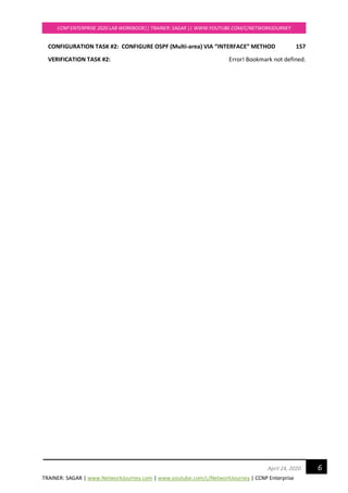 TRAINER: SAGAR | www.NetworkJourney.com | www.youtube.com/c/NetworkJourney | CCNP Enterprise
CCNP ENTERPRISE 2020 LAB WORKBOOK|| TRAINER: SAGAR || WWW.YOUTUBE.COM/C/NETWORKJOURNEY
6April 24, 2020
CONFIGURATION TASK #2: CONFIGURE OSPF (Multi-area) VIA “INTERFACE” METHOD 157
VERIFICATION TASK #2: Error! Bookmark not defined.
 