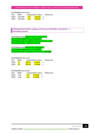TRAINER: SAGAR | www.NetworkJourney.com | www.youtube.com/c/NetworkJourney | CCNP Enterprise
CCNP ENTERPRISE 2020 LAB WORKBOOK|| TRAINER: SAGAR || WWW.YOUTUBE.COM/C/NETWORKJOURNEY
60April 24, 2020
SCOTSW04#sh inter trunk
Port Mode Encapsulation Status Native vlan
Gi0/2 desirable n-isl trunking 1
Gi0/3 desirable n-isl trunking 1
CONFIGURATION TASK#5: Configure DTP between SCOTSW02_Trunk Dot1Q <->
SCOTSW04_desirable
SCOTSW02(config)#default interface range gi0/2-3
SCOTSW02(config)#interface range gi0/2-3
SCOTSW02(config-if-range)#sw trunk encapsulation dot1q
SCOTSW02(config-if-range)#sw mo trunk
SCOTSW04(config)#default inter range gi0/2-3
SCOTSW04(config)#interface range gi0/2-3
SCOTSW04(config-if-range)#sw mode dynamic desirable
SCOTSW02#sh inter trunk
Port Mode Encapsulation Status Native vlan
Gi0/2 on 802.1q trunking 1
Gi0/3 on 802.1q trunking 1
SCOTSW04#sh inter trunk
Port Mode Encapsulation Status Native vlan
Gi0/2 auto n-isl trunking 1
Gi0/3 auto n-isl trunking 1
 