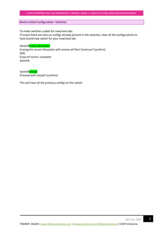 TRAINER: SAGAR | www.NetworkJourney.com | www.youtube.com/c/NetworkJourney | CCNP Enterprise
CCNP ENTERPRISE 2020 LAB WORKBOOK|| TRAINER: SAGAR || WWW.YOUTUBE.COM/C/NETWORKJOURNEY
7April 24, 2020
Device Initial Configuration -Switches
To make switches usable for new/next labs.
If incase there are vlans or configs already present in the switches, clear all the configurations to
have brand new switch for your new/next lab.
Switch#erase /all nvram:
Erasing the nvram filesystem will remove all files! Continue? [confirm]
[OK]
Erase of nvram: complete
Switch#
Switch#reload
Proceed with reload? [confirm]
This will clear all the previous configs on the switch.
 