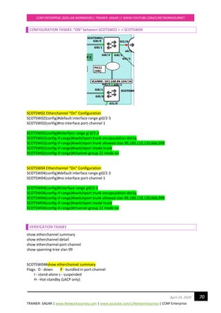 TRAINER: SAGAR | www.NetworkJourney.com | www.youtube.com/c/NetworkJourney | CCNP Enterprise
CCNP ENTERPRISE 2020 LAB WORKBOOK|| TRAINER: SAGAR || WWW.YOUTUBE.COM/C/NETWORKJOURNEY
70April 24, 2020
CONFIGURATION TASK#3: “ON” between SCOTSW02 <-> SCOTSW04
SCOTSW02 Etherchannel “On” Configuration
SCOTSW02(config)#default interface range gi0/2-3
SCOTSW02(config)#no interface port-channel 1
SCOTSW02(config)#interface range gi 0/2-3
SCOTSW02(config-if-range)#switchport trunk encapsulation dot1q
SCOTSW02(config-if-range)#switchport trunk allowed vlan 99,100,110,120,666,999
SCOTSW02(config-if-range)#switchport mode trunk
SCOTSW02(config-if-range)#channel-group 22 mode on
SCOTSW04 Etherchannel “On” Configuration
SCOTSW04(config)#default interface range gi0/2-3
SCOTSW04(config)#no interface port-channel 1
SCOTSW04(config)#interface range gi0/2-3
SCOTSW04(config-if-range)#switchport trunk encapsulation dot1q
SCOTSW04(config-if-range)#switchport trunk allowed vlan 99,100,110,120,666,999
SCOTSW04(config-if-range)#switchport mode trunk
SCOTSW04(config-if-range)#channel-group 22 mode on
VERIFICATION TASK#3
show etherchannel summary
show etherchannel detail
show etherchannel port-channel
show spanning-tree vlan 99
SCOTSW04#show etherchannel summary
Flags: D - down P - bundled in port-channel
I - stand-alone s - suspended
H - Hot-standby (LACP only)
 