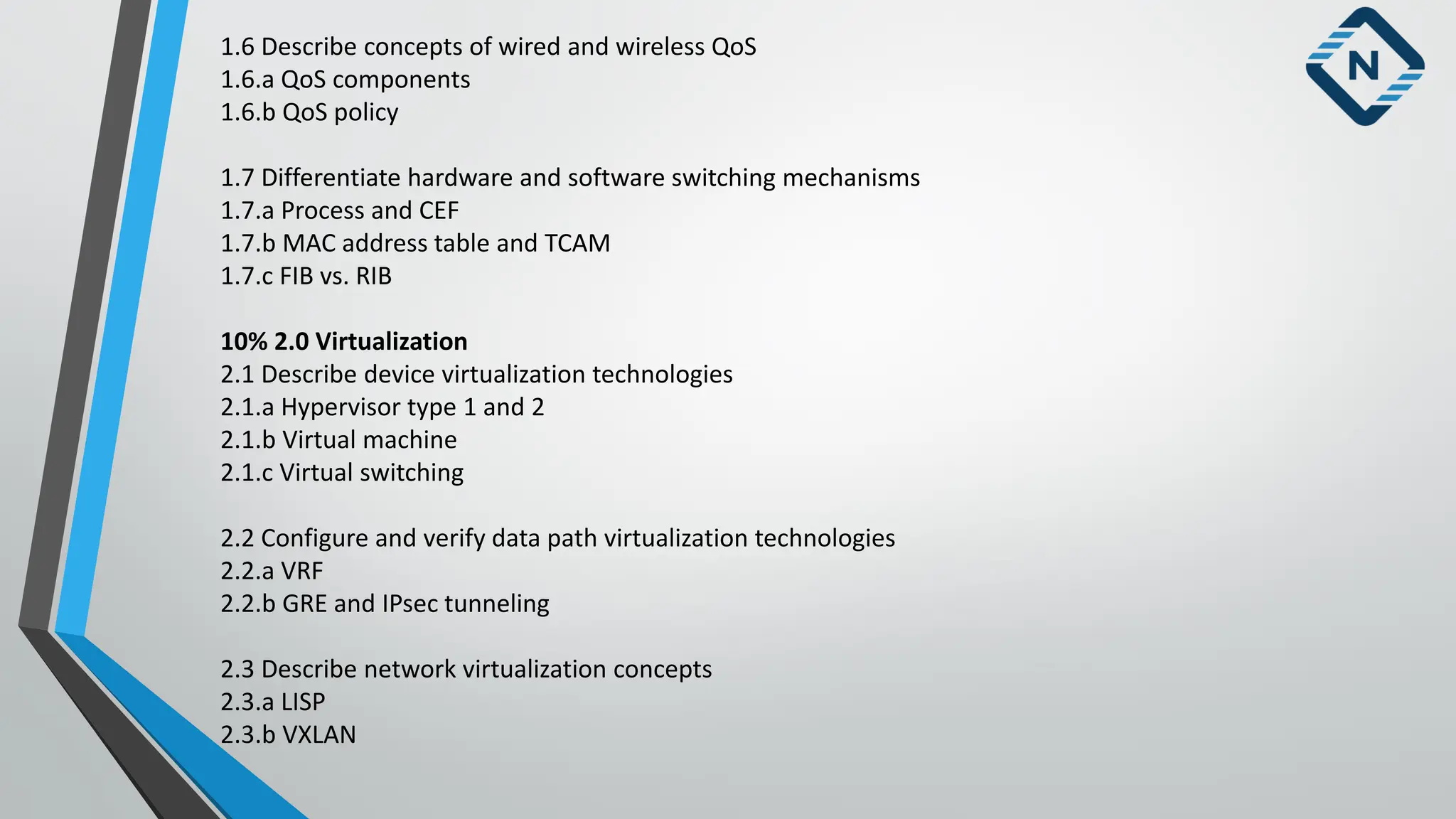 1.6 Describe concepts of wired and wireless QoS
1.6.a QoS components
1.6.b QoS policy
1.7 Differentiate hardware and software switching mechanisms
1.7.a Process and CEF
1.7.b MAC address table and TCAM
1.7.c FIB vs. RIB
10% 2.0 Virtualization
2.1 Describe device virtualization technologies
2.1.a Hypervisor type 1 and 2
2.1.b Virtual machine
2.1.c Virtual switching
2.2 Configure and verify data path virtualization technologies
2.2.a VRF
2.2.b GRE and IPsec tunneling
2.3 Describe network virtualization concepts
2.3.a LISP
2.3.b VXLAN
 