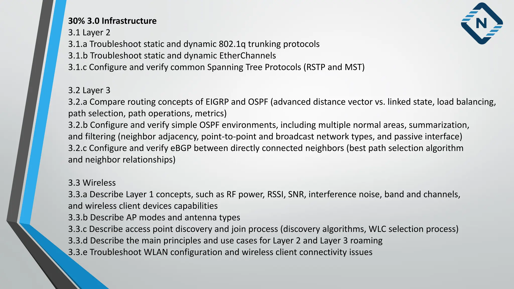 30% 3.0 Infrastructure
3.1 Layer 2
3.1.a Troubleshoot static and dynamic 802.1q trunking protocols
3.1.b Troubleshoot static and dynamic EtherChannels
3.1.c Configure and verify common Spanning Tree Protocols (RSTP and MST)
3.2 Layer 3
3.2.a Compare routing concepts of EIGRP and OSPF (advanced distance vector vs. linked state, load balancing,
path selection, path operations, metrics)
3.2.b Configure and verify simple OSPF environments, including multiple normal areas, summarization,
and filtering (neighbor adjacency, point-to-point and broadcast network types, and passive interface)
3.2.c Configure and verify eBGP between directly connected neighbors (best path selection algorithm
and neighbor relationships)
3.3 Wireless
3.3.a Describe Layer 1 concepts, such as RF power, RSSI, SNR, interference noise, band and channels,
and wireless client devices capabilities
3.3.b Describe AP modes and antenna types
3.3.c Describe access point discovery and join process (discovery algorithms, WLC selection process)
3.3.d Describe the main principles and use cases for Layer 2 and Layer 3 roaming
3.3.e Troubleshoot WLAN configuration and wireless client connectivity issues
 