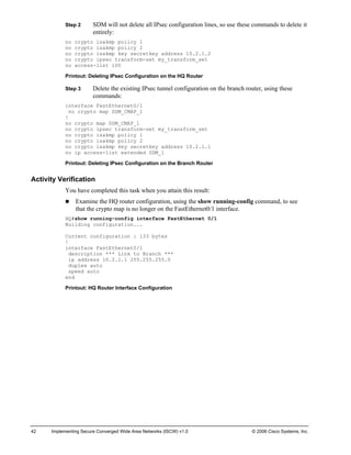 42 Implementing Secure Converged Wide Area Networks (ISCW) v1.0 © 2006 Cisco Systems, Inc. 
Step 2 SDM will not delete all IPsec configuration lines, so use these commands to delete it entirely: 
no crypto isakmp policy 1 
no crypto isakmp policy 2 
no crypto isakmp key secretkey address 10.2.1.2 
no crypto ipsec transform-set my_transform_set 
no access-list 100 
Printout: Deleting IPsec Configuration on the HQ Router 
Step 3 Delete the existing IPsec tunnel configuration on the branch router, using these commands: 
interface FastEthernet0/1 
no crypto map SDM_CMAP_1 
! 
no crypto map SDM_CMAP_1 
no crypto ipsec transform-set my_transform_set 
no crypto isakmp policy 1 
no crypto isakmp policy 2 
no crypto isakmp key secretkey address 10.2.1.1 
no ip access-list extended SDM_1 
Printout: Deleting IPsec Configuration on the Branch Router 
Activity Verification 
You have completed this task when you attain this result: 
„ Examine the HQ router configuration, using the show running-config command, to see that the crypto map is no longer on the FastEthernet0/1 interface. 
HQ#show running-config interface FastEthernet 0/1 
Building configuration... 
Current configuration : 133 bytes 
! 
interface FastEthernet0/1 
description *** Link to Branch *** 
ip address 10.2.1.1 255.255.255.0 
duplex auto 
speed auto 
end 
Printout: HQ Router Interface Configuration  