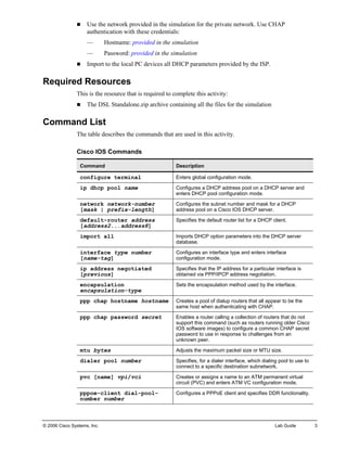 © 2006 Cisco Systems, Inc. Lab Guide 3 
„ Use the network provided in the simulation for the private network. Use CHAP authentication with these credentials: 
— Hostname: provided in the simulation 
— Password: provided in the simulation 
„ Import to the local PC devices all DHCP parameters provided by the ISP. 
Required Resources 
This is the resource that is required to complete this activity: 
„ The DSL Standalone.zip archive containing all the files for the simulation 
Command List 
The table describes the commands that are used in this activity. 
Cisco IOS Commands 
Command 
Description 
configure terminal 
Enters global configuration mode. 
ip dhcp pool name 
Configures a DHCP address pool on a DHCP server and enters DHCP pool configuration mode. 
network network-number [mask | prefix-length] 
Configures the subnet number and mask for a DHCP address pool on a Cisco IOS DHCP server. 
default-router address [address2...address8] 
Specifies the default router list for a DHCP client. 
import all 
Imports DHCP option parameters into the DHCP server database. 
interface type number [name-tag] 
Configures an interface type and enters interface configuration mode. 
ip address negotiated [previous] 
Specifies that the IP address for a particular interface is obtained via PPP/IPCP address negotiation. 
encapsulation encapsulation-type 
Sets the encapsulation method used by the interface. 
ppp chap hostname hostname 
Creates a pool of dialup routers that all appear to be the same host when authenticating with CHAP. 
ppp chap password secret 
Enables a router calling a collection of routers that do not support this command (such as routers running older Cisco IOS software images) to configure a common CHAP secret password to use in response to challenges from an unknown peer. 
mtu bytes 
Adjusts the maximum packet size or MTU size. 
dialer pool number 
Specifies, for a dialer interface, which dialing pool to use to connect to a specific destination subnetwork. 
pvc [name] vpi/vci 
Creates or assigns a name to an ATM permanent virtual circuit (PVC) and enters ATM VC configuration mode. 
pppoe-client dial-pool- number number 
Configures a PPPoE client and specifies DDR functionality.  