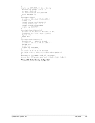 © 2006 Cisco Systems, Inc. Lab Guide 61 
! 
crypto map SDM_CMAP_1 1 ipsec-isakmp 
description Tunnel to10.2.1.2 
set peer 10.2.1.2 
set transform-set ESP-3DES-SHA 
match address 100 
! 
interface Tunnel0 
ip address 10.1.1.1 255.255.255.0 
ip mtu 1420 
tunnel source FastEthernet0/1 
tunnel destination 10.2.1.2 
tunnel path-mtu-discovery 
crypto map SDM_CMAP_1 
! 
interface FastEthernet0/0 
description *** Link to Workstation *** 
ip address 172.31.1.1 255.255.255.0 
duplex auto 
speed auto 
! 
interface FastEthernet0/1 
description *** Link to Branch *** 
ip address 10.2.1.1 255.255.255.0 
duplex auto 
speed auto 
crypto map SDM_CMAP_1 
! 
ip route 0.0.0.0 0.0.0.0 Tunnel0 
ip route 10.2.1.2 255.255.255.255 FastEthernet0/1 
! 
access-list 100 remark SDM_ACL Category=4 
access-list 100 permit gre host 10.2.1.1 host 10.2.1.2 
Printout: HQ Router Running Configuration  