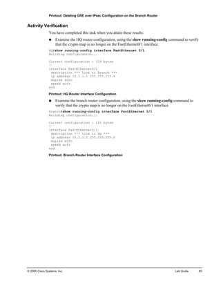 © 2006 Cisco Systems, Inc. Lab Guide 63 
Printout: Deleting GRE over IPsec Configuration on the Branch Router 
Activity Verification 
You have completed this task when you attain these results: 
„ Examine the HQ router configuration, using the show running-config command to verify that the crypto map is no longer on the FastEthernet0/1 interface. 
HQ#show running-config interface FastEthernet 0/1 
Building configuration... 
Current configuration : 129 bytes 
! 
interface FastEthernet0/1 
description *** Link to Branch *** 
ip address 10.2.1.1 255.255.255.0 
duplex auto 
speed auto 
end 
Printout: HQ Router Interface Configuration 
„ Examine the branch router configuration, using the show running-config command to verify that the crypto map is no longer on the FastEthernet0/1 interface. 
Branch#show running-config interface FastEthernet 0/1 
Building configuration... 
Current configuration : 125 bytes 
! 
interface FastEthernet0/1 
description *** Link to HQ *** 
ip address 10.2.1.2 255.255.255.0 
duplex auto 
speed auto 
end 
Printout: Branch Router Interface Configuration  