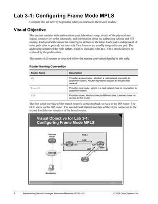 Lab 3-1: Configuring Frame Mode MPLS 
Complete this lab activity to practice what you learned in the related module. 
Visual Objective 
This section contains information about your laboratory setup, details of the physical and logical connectivity in the laboratory, and information about the addressing scheme and IGP routing. Each pod will contain the router types defined in the table. Each pod is independent of other pods (that is, pods do not interact). Two learners are usually assigned to one pod. The addressing scheme of the pods differs, which is indicated with an x. The x should always be replaced by the pod number. 
The names of all routers in your pod follow the naming convention detailed in this table. 
Router Naming Convention 
Router Name 
Description 
HQ 
Provider access router, which in a real network connects to customer routers. Router represents access to the provider network. 
Branch 
Provider core router, which in a real network has no connection to customer routers. 
ISP 
Provider router, which connects different sites. Learners have no access to this router. 
The first serial interface of the branch router is connected back-to-back to the ISP router. The DCE site is on the ISP router. The second FastEthernet interface of the HQ is connected to the second FastEthernet interface of the branch router. ©2006Cisco Systems, Inc. All rights reserved.ISCWv1.0—5Visual Objective for Lab 3-1: Configuring Frame Mode MPLS 
6 Implementing Secure Converged Wide Area Networks (ISCW) v1.0 © 2006 Cisco Systems, Inc. 
 