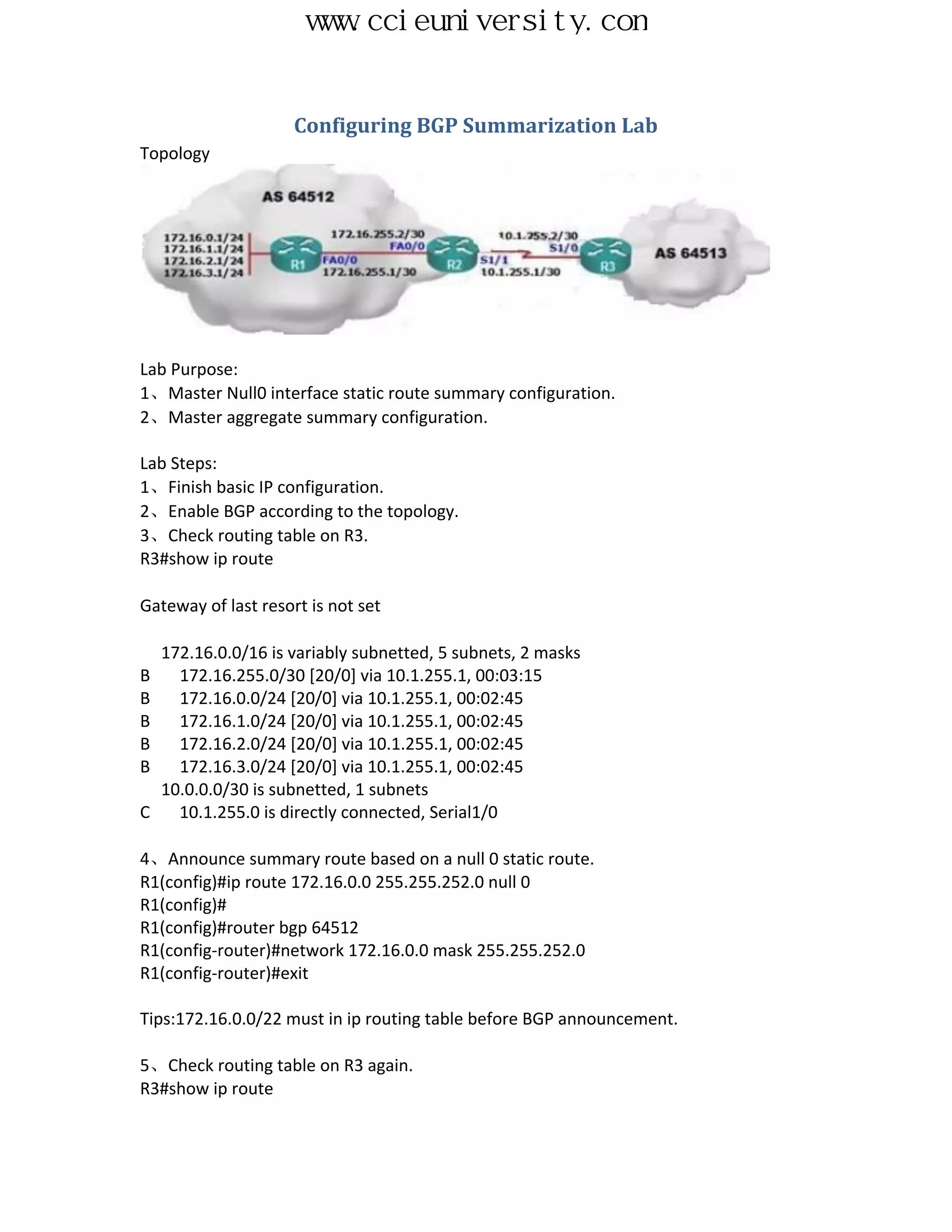 www.ccieuniversity.com


                     Configuring BGP Summarization Lab
Topology




Lab Purpose:
1、Master Null0 interface static route summary configuration.
2、Master aggregate summary configuration.

Lab Steps:
1、Finish basic IP configuration.
2、Enable BGP according to the topology.
3、Check routing table on R3.
R3#show ip route

Gateway of last resort is not set

    172.16.0.0/16 is variably subnetted, 5 subnets, 2 masks
B     172.16.255.0/30 [20/0] via 10.1.255.1, 00:03:15
B     172.16.0.0/24 [20/0] via 10.1.255.1, 00:02:45
B     172.16.1.0/24 [20/0] via 10.1.255.1, 00:02:45
B     172.16.2.0/24 [20/0] via 10.1.255.1, 00:02:45
B     172.16.3.0/24 [20/0] via 10.1.255.1, 00:02:45
    10.0.0.0/30 is subnetted, 1 subnets
C     10.1.255.0 is directly connected, Serial1/0

4、Announce summary route based on a null 0 static route.
R1(config)#ip route 172.16.0.0 255.255.252.0 null 0
R1(config)#
R1(config)#router bgp 64512
R1(config-router)#network 172.16.0.0 mask 255.255.252.0
R1(config-router)#exit

Tips:172.16.0.0/22 must in ip routing table before BGP announcement.

5、Check routing table on R3 again.
R3#show ip route
 