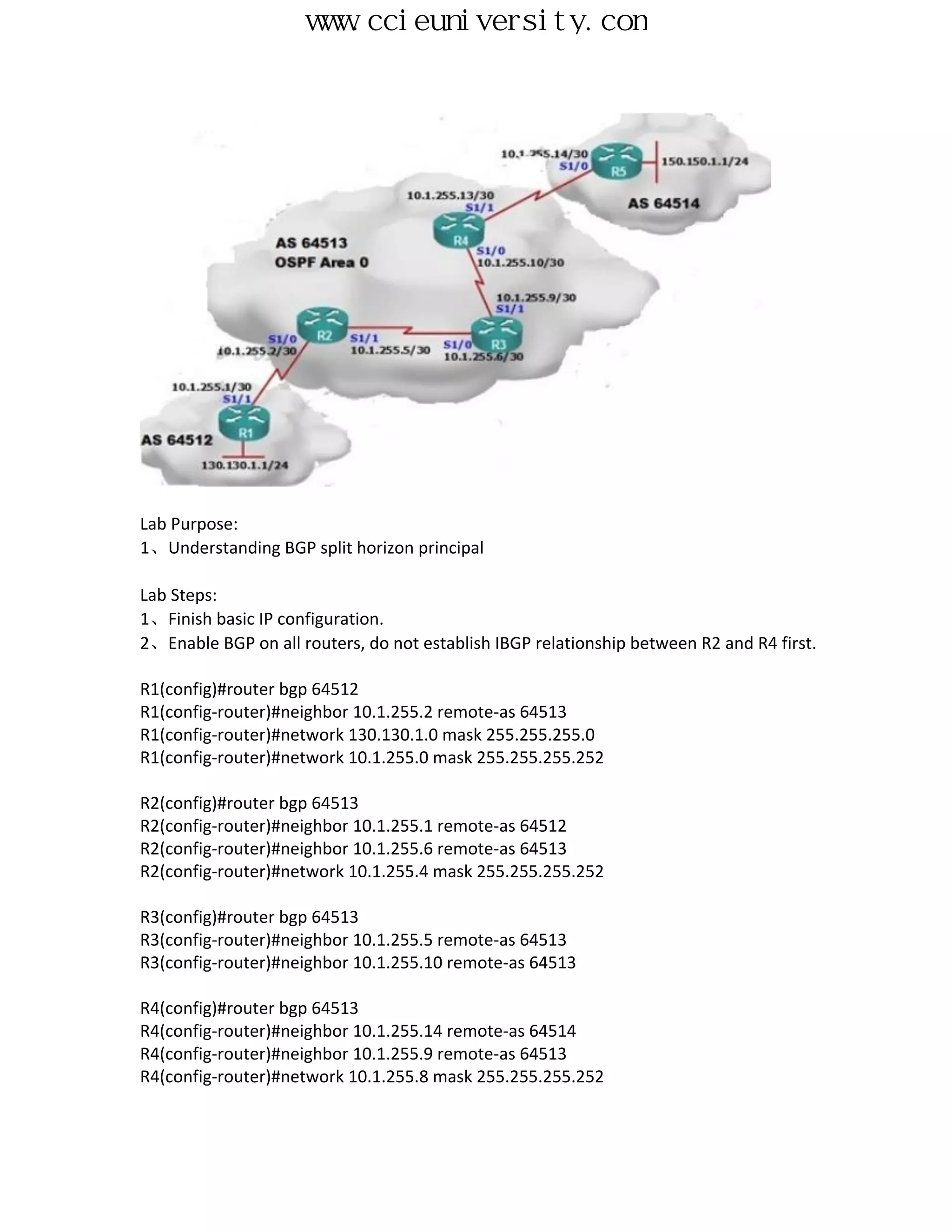 www.ccieuniversity.com




Lab Purpose:
1、Understanding BGP split horizon principal

Lab Steps:
1、Finish basic IP configuration.
2、Enable BGP on all routers, do not establish IBGP relationship between R2 and R4 first.

R1(config)#router bgp 64512
R1(config-router)#neighbor 10.1.255.2 remote-as 64513
R1(config-router)#network 130.130.1.0 mask 255.255.255.0
R1(config-router)#network 10.1.255.0 mask 255.255.255.252

R2(config)#router bgp 64513
R2(config-router)#neighbor 10.1.255.1 remote-as 64512
R2(config-router)#neighbor 10.1.255.6 remote-as 64513
R2(config-router)#network 10.1.255.4 mask 255.255.255.252

R3(config)#router bgp 64513
R3(config-router)#neighbor 10.1.255.5 remote-as 64513
R3(config-router)#neighbor 10.1.255.10 remote-as 64513

R4(config)#router bgp 64513
R4(config-router)#neighbor 10.1.255.14 remote-as 64514
R4(config-router)#neighbor 10.1.255.9 remote-as 64513
R4(config-router)#network 10.1.255.8 mask 255.255.255.252
 