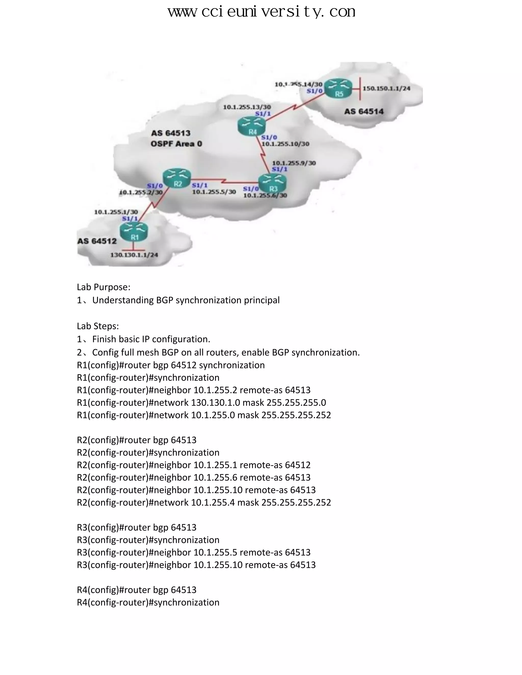 www.ccieuniversity.com




Lab Purpose:
1、Understanding BGP synchronization principal

Lab Steps:
1、Finish basic IP configuration.
2、Config full mesh BGP on all routers, enable BGP synchronization.
R1(config)#router bgp 64512 synchronization
R1(config-router)#synchronization
R1(config-router)#neighbor 10.1.255.2 remote-as 64513
R1(config-router)#network 130.130.1.0 mask 255.255.255.0
R1(config-router)#network 10.1.255.0 mask 255.255.255.252

R2(config)#router bgp 64513
R2(config-router)#synchronization
R2(config-router)#neighbor 10.1.255.1 remote-as 64512
R2(config-router)#neighbor 10.1.255.6 remote-as 64513
R2(config-router)#neighbor 10.1.255.10 remote-as 64513
R2(config-router)#network 10.1.255.4 mask 255.255.255.252

R3(config)#router bgp 64513
R3(config-router)#synchronization
R3(config-router)#neighbor 10.1.255.5 remote-as 64513
R3(config-router)#neighbor 10.1.255.10 remote-as 64513

R4(config)#router bgp 64513
R4(config-router)#synchronization
 