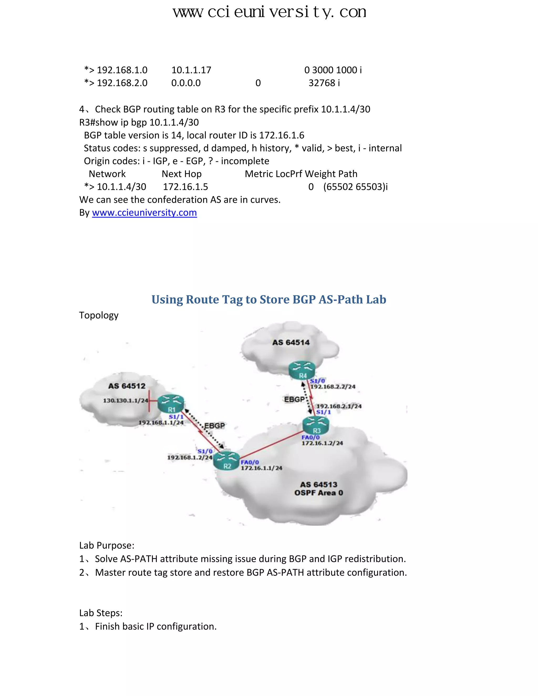 www.ccieuniversity.com


 *> 192.168.1.0       10.1.1.17                        0 3000 1000 i
 *> 192.168.2.0       0.0.0.0              0            32768 i

4、Check BGP routing table on R3 for the specific prefix 10.1.1.4/30
R3#show ip bgp 10.1.1.4/30
 BGP table version is 14, local router ID is 172.16.1.6
 Status codes: s suppressed, d damped, h history, * valid, > best, i - internal
 Origin codes: i - IGP, e - EGP, ? - incomplete
  Network            Next Hop             Metric LocPrf Weight Path
 *> 10.1.1.4/30      172.16.1.5                         0 (65502 65503)i
We can see the confederation AS are in curves.
By www.ccieuniversity.com




                  Using Route Tag to Store BGP AS-Path Lab
Topology




Lab Purpose:
1、Solve AS-PATH attribute missing issue during BGP and IGP redistribution.
2、Master route tag store and restore BGP AS-PATH attribute configuration.


Lab Steps:
1、Finish basic IP configuration.
 