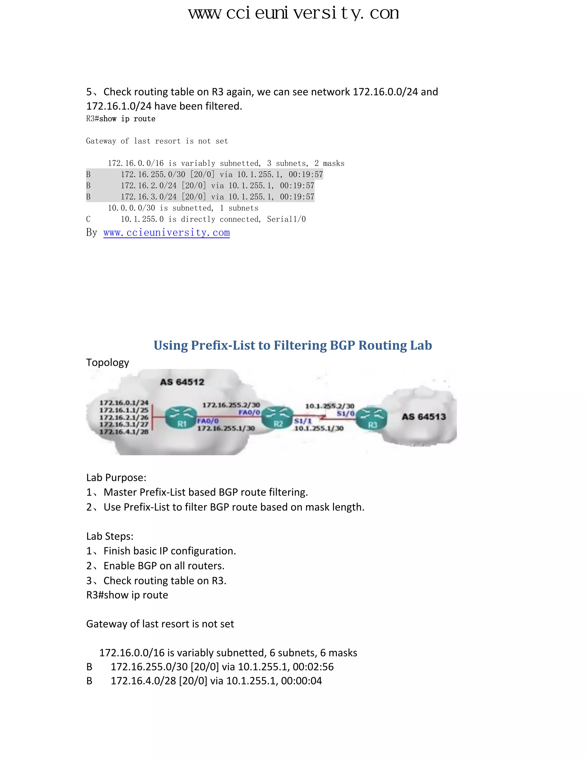 www.ccieuniversity.com



5、Check routing table on R3 again, we can see network 172.16.0.0/24 and
172.16.1.0/24 have been filtered.
R3#show ip route

Gateway of last resort is not set

     172.16.0.0/16 is variably subnetted, 3 subnets, 2 masks
B       172.16.255.0/30 [20/0] via 10.1.255.1, 00:19:57
B       172.16.2.0/24 [20/0] via 10.1.255.1, 00:19:57
B       172.16.3.0/24 [20/0] via 10.1.255.1, 00:19:57
     10.0.0.0/30 is subnetted, 1 subnets
C       10.1.255.0 is directly connected, Serial1/0
By www.ccieuniversity.com




               Using Prefix-List to Filtering BGP Routing Lab
Topology




Lab Purpose:
1、Master Prefix-List based BGP route filtering.
2、Use Prefix-List to filter BGP route based on mask length.

Lab Steps:
1、Finish basic IP configuration.
2、Enable BGP on all routers.
3、Check routing table on R3.
R3#show ip route

Gateway of last resort is not set

  172.16.0.0/16 is variably subnetted, 6 subnets, 6 masks
B   172.16.255.0/30 [20/0] via 10.1.255.1, 00:02:56
B   172.16.4.0/28 [20/0] via 10.1.255.1, 00:00:04
 