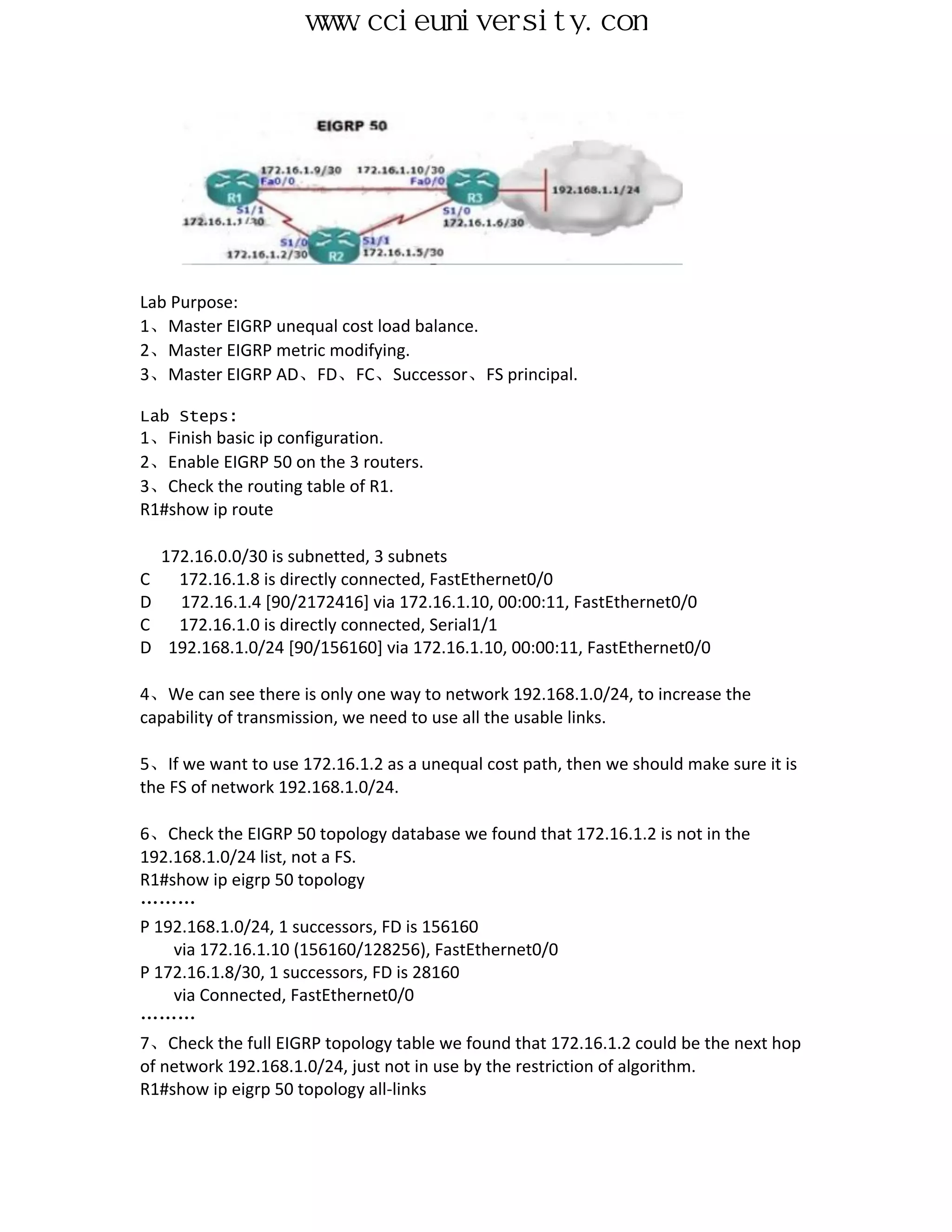 www.ccieuniversity.com




Lab Purpose:
1、Master EIGRP unequal cost load balance.
2、Master EIGRP metric modifying.
3、Master EIGRP AD、FD、FC、Successor、FS principal.

Lab Steps:
1、Finish basic ip configuration.
2、Enable EIGRP 50 on the 3 routers.
3、Check the routing table of R1.
R1#show ip route

    172.16.0.0/30 is subnetted, 3 subnets
C     172.16.1.8 is directly connected, FastEthernet0/0
D     172.16.1.4 [90/2172416] via 172.16.1.10, 00:00:11, FastEthernet0/0
C     172.16.1.0 is directly connected, Serial1/1
D    192.168.1.0/24 [90/156160] via 172.16.1.10, 00:00:11, FastEthernet0/0

4、We can see there is only one way to network 192.168.1.0/24, to increase the
capability of transmission, we need to use all the usable links.

5、If we want to use 172.16.1.2 as a unequal cost path, then we should make sure it is
the FS of network 192.168.1.0/24.

6、Check the EIGRP 50 topology database we found that 172.16.1.2 is not in the
192.168.1.0/24 list, not a FS.
R1#show ip eigrp 50 topology
………
P 192.168.1.0/24, 1 successors, FD is 156160
    via 172.16.1.10 (156160/128256), FastEthernet0/0
P 172.16.1.8/30, 1 successors, FD is 28160
    via Connected, FastEthernet0/0
………
7、Check the full EIGRP topology table we found that 172.16.1.2 could be the next hop
of network 192.168.1.0/24, just not in use by the restriction of algorithm.
R1#show ip eigrp 50 topology all-links
 