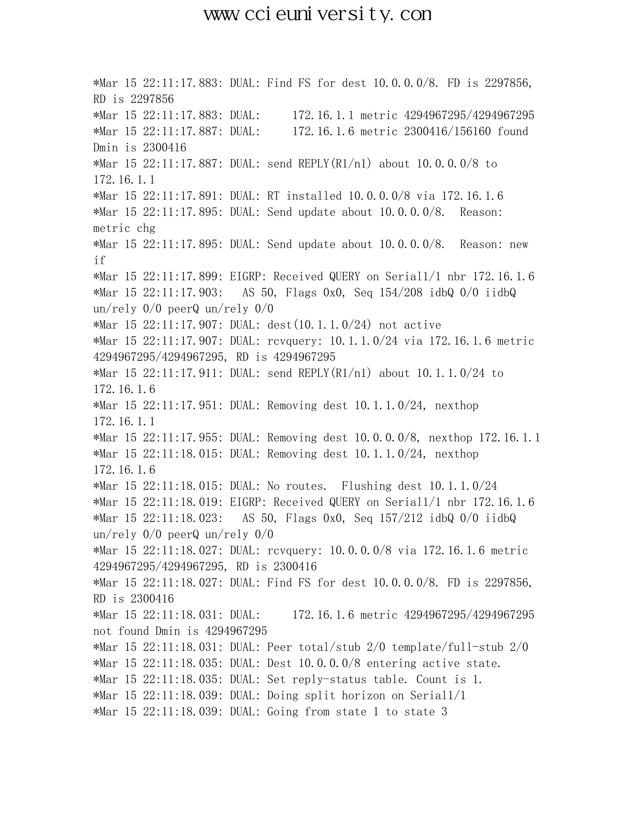 www.ccieuniversity.com


*Mar 15 22:11:17.883: DUAL: Find FS for dest 10.0.0.0/8. FD is 2297856,
RD is 2297856
*Mar 15 22:11:17.883: DUAL:     172.16.1.1 metric 4294967295/4294967295
*Mar 15 22:11:17.887: DUAL:     172.16.1.6 metric 2300416/156160 found
Dmin is 2300416
*Mar 15 22:11:17.887: DUAL: send REPLY(R1/n1) about 10.0.0.0/8 to
172.16.1.1
*Mar 15 22:11:17.891: DUAL: RT installed 10.0.0.0/8 via 172.16.1.6
*Mar 15 22:11:17.895: DUAL: Send update about 10.0.0.0/8. Reason:
metric chg
*Mar 15 22:11:17.895: DUAL: Send update about 10.0.0.0/8. Reason: new
if
*Mar 15 22:11:17.899: EIGRP: Received QUERY on Serial1/1 nbr 172.16.1.6
*Mar 15 22:11:17.903:   AS 50, Flags 0x0, Seq 154/208 idbQ 0/0 iidbQ
un/rely 0/0 peerQ un/rely 0/0
*Mar 15 22:11:17.907: DUAL: dest(10.1.1.0/24) not active
*Mar 15 22:11:17.907: DUAL: rcvquery: 10.1.1.0/24 via 172.16.1.6 metric
4294967295/4294967295, RD is 4294967295
*Mar 15 22:11:17.911: DUAL: send REPLY(R1/n1) about 10.1.1.0/24 to
172.16.1.6
*Mar 15 22:11:17.951: DUAL: Removing dest 10.1.1.0/24, nexthop
172.16.1.1
*Mar 15 22:11:17.955: DUAL: Removing dest 10.0.0.0/8, nexthop 172.16.1.1
*Mar 15 22:11:18.015: DUAL: Removing dest 10.1.1.0/24, nexthop
172.16.1.6
*Mar 15 22:11:18.015: DUAL: No routes. Flushing dest 10.1.1.0/24
*Mar 15 22:11:18.019: EIGRP: Received QUERY on Serial1/1 nbr 172.16.1.6
*Mar 15 22:11:18.023:   AS 50, Flags 0x0, Seq 157/212 idbQ 0/0 iidbQ
un/rely 0/0 peerQ un/rely 0/0
*Mar 15 22:11:18.027: DUAL: rcvquery: 10.0.0.0/8 via 172.16.1.6 metric
4294967295/4294967295, RD is 2300416
*Mar 15 22:11:18.027: DUAL: Find FS for dest 10.0.0.0/8. FD is 2297856,
RD is 2300416
*Mar 15 22:11:18.031: DUAL:     172.16.1.6 metric 4294967295/4294967295
not found Dmin is 4294967295
*Mar 15 22:11:18.031: DUAL: Peer total/stub 2/0 template/full-stub 2/0
*Mar 15 22:11:18.035: DUAL: Dest 10.0.0.0/8 entering active state.
*Mar 15 22:11:18.035: DUAL: Set reply-status table. Count is 1.
*Mar 15 22:11:18.039: DUAL: Doing split horizon on Serial1/1
*Mar 15 22:11:18.039: DUAL: Going from state 1 to state 3
 