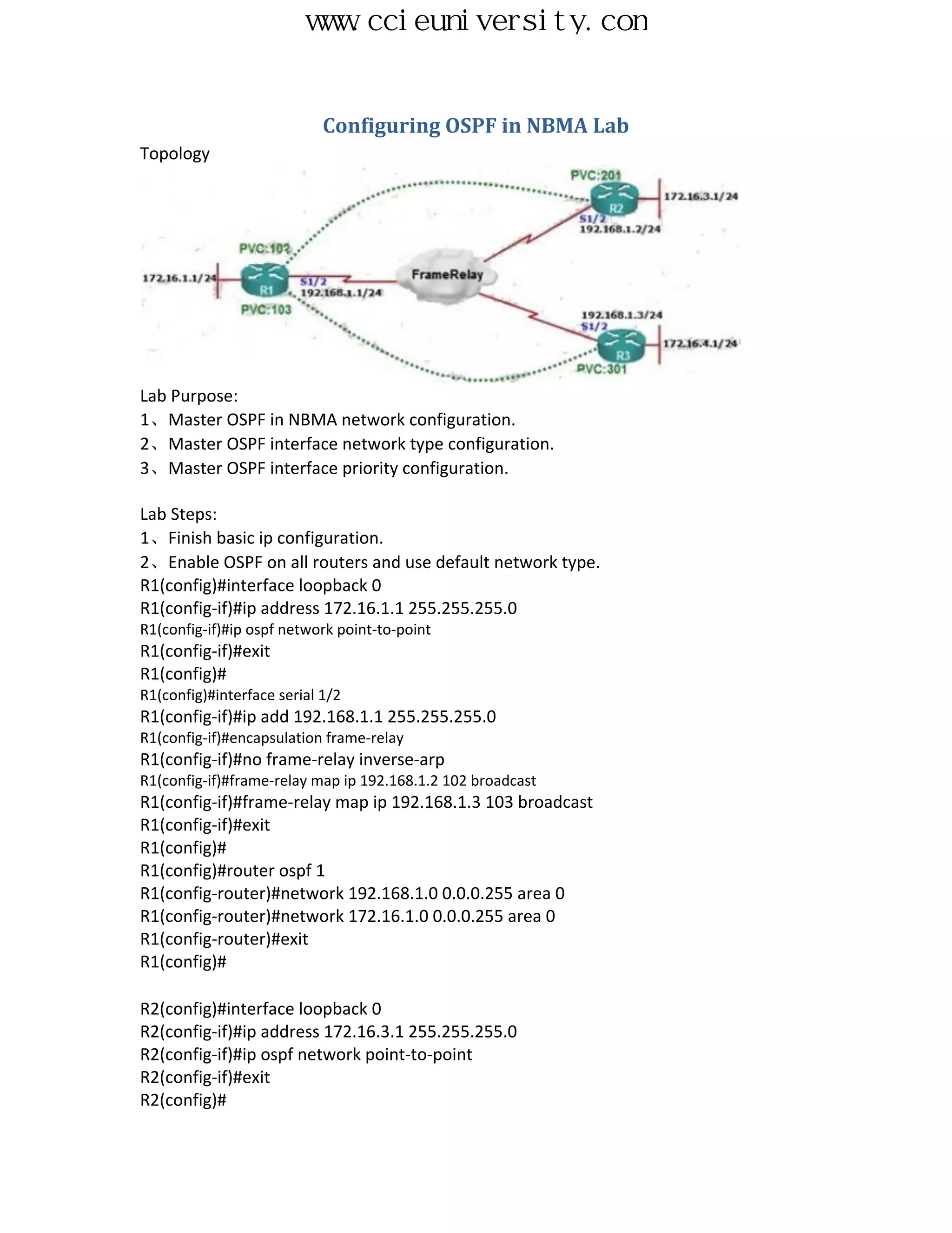 www.ccieuniversity.com


                            Configuring OSPF in NBMA Lab
Topology




Lab Purpose:
1、Master OSPF in NBMA network configuration.
2、Master OSPF interface network type configuration.
3、Master OSPF interface priority configuration.

Lab Steps:
1、Finish basic ip configuration.
2、Enable OSPF on all routers and use default network type.
R1(config)#interface loopback 0
R1(config-if)#ip address 172.16.1.1 255.255.255.0
R1(config-if)#ip ospf network point-to-point
R1(config-if)#exit
R1(config)#
R1(config)#interface serial 1/2
R1(config-if)#ip add 192.168.1.1 255.255.255.0
R1(config-if)#encapsulation frame-relay
R1(config-if)#no frame-relay inverse-arp
R1(config-if)#frame-relay map ip 192.168.1.2 102 broadcast
R1(config-if)#frame-relay map ip 192.168.1.3 103 broadcast
R1(config-if)#exit
R1(config)#
R1(config)#router ospf 1
R1(config-router)#network 192.168.1.0 0.0.0.255 area 0
R1(config-router)#network 172.16.1.0 0.0.0.255 area 0
R1(config-router)#exit
R1(config)#

R2(config)#interface loopback 0
R2(config-if)#ip address 172.16.3.1 255.255.255.0
R2(config-if)#ip ospf network point-to-point
R2(config-if)#exit
R2(config)#
 