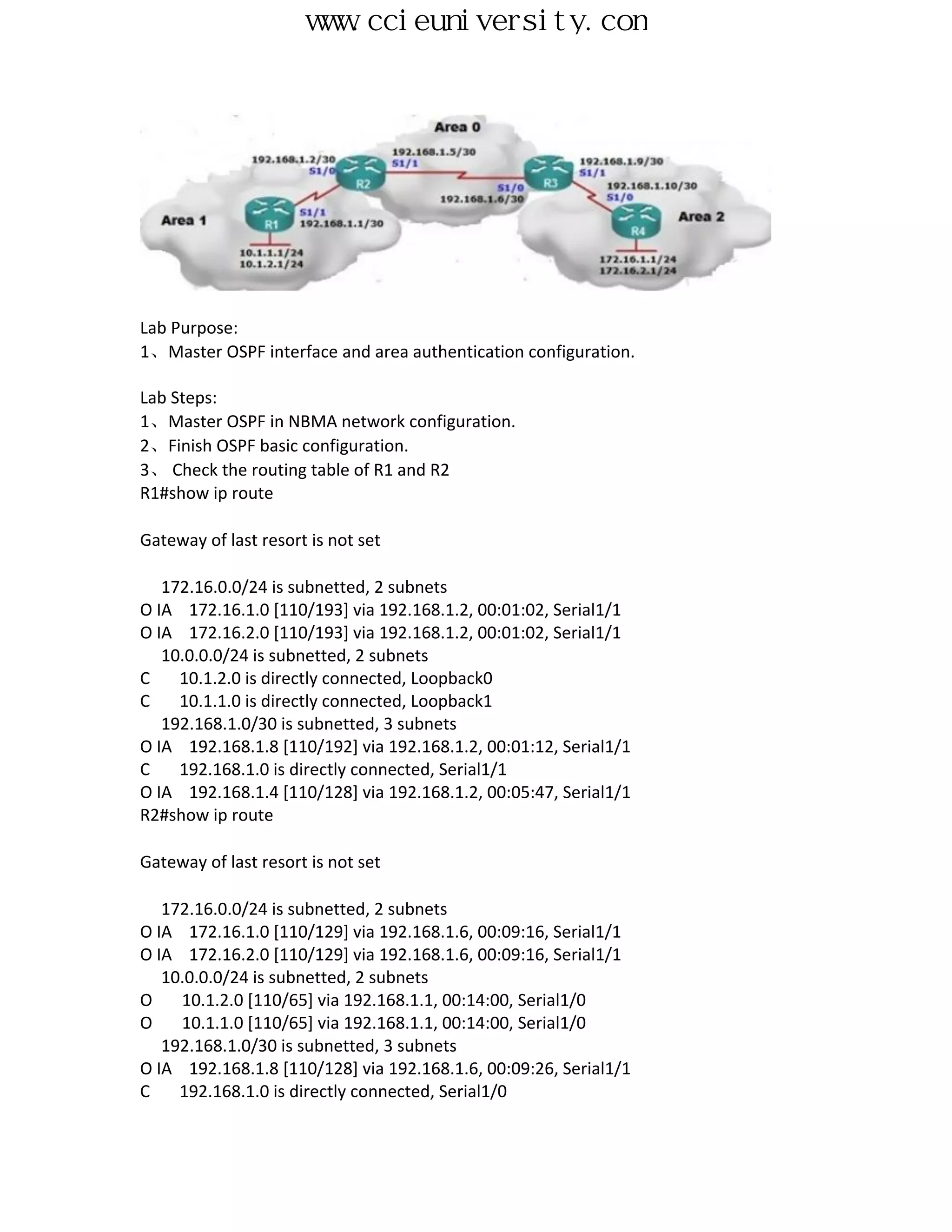 www.ccieuniversity.com




Lab Purpose:
1、Master OSPF interface and area authentication configuration.

Lab Steps:
1、Master OSPF in NBMA network configuration.
2、Finish OSPF basic configuration.
3、 Check the routing table of R1 and R2
R1#show ip route

Gateway of last resort is not set

   172.16.0.0/24 is subnetted, 2 subnets
O IA 172.16.1.0 [110/193] via 192.168.1.2, 00:01:02, Serial1/1
O IA 172.16.2.0 [110/193] via 192.168.1.2, 00:01:02, Serial1/1
   10.0.0.0/24 is subnetted, 2 subnets
C    10.1.2.0 is directly connected, Loopback0
C    10.1.1.0 is directly connected, Loopback1
   192.168.1.0/30 is subnetted, 3 subnets
O IA 192.168.1.8 [110/192] via 192.168.1.2, 00:01:12, Serial1/1
C    192.168.1.0 is directly connected, Serial1/1
O IA 192.168.1.4 [110/128] via 192.168.1.2, 00:05:47, Serial1/1
R2#show ip route

Gateway of last resort is not set

   172.16.0.0/24 is subnetted, 2 subnets
O IA 172.16.1.0 [110/129] via 192.168.1.6, 00:09:16, Serial1/1
O IA 172.16.2.0 [110/129] via 192.168.1.6, 00:09:16, Serial1/1
   10.0.0.0/24 is subnetted, 2 subnets
O    10.1.2.0 [110/65] via 192.168.1.1, 00:14:00, Serial1/0
O    10.1.1.0 [110/65] via 192.168.1.1, 00:14:00, Serial1/0
   192.168.1.0/30 is subnetted, 3 subnets
O IA 192.168.1.8 [110/128] via 192.168.1.6, 00:09:26, Serial1/1
C    192.168.1.0 is directly connected, Serial1/0
 
