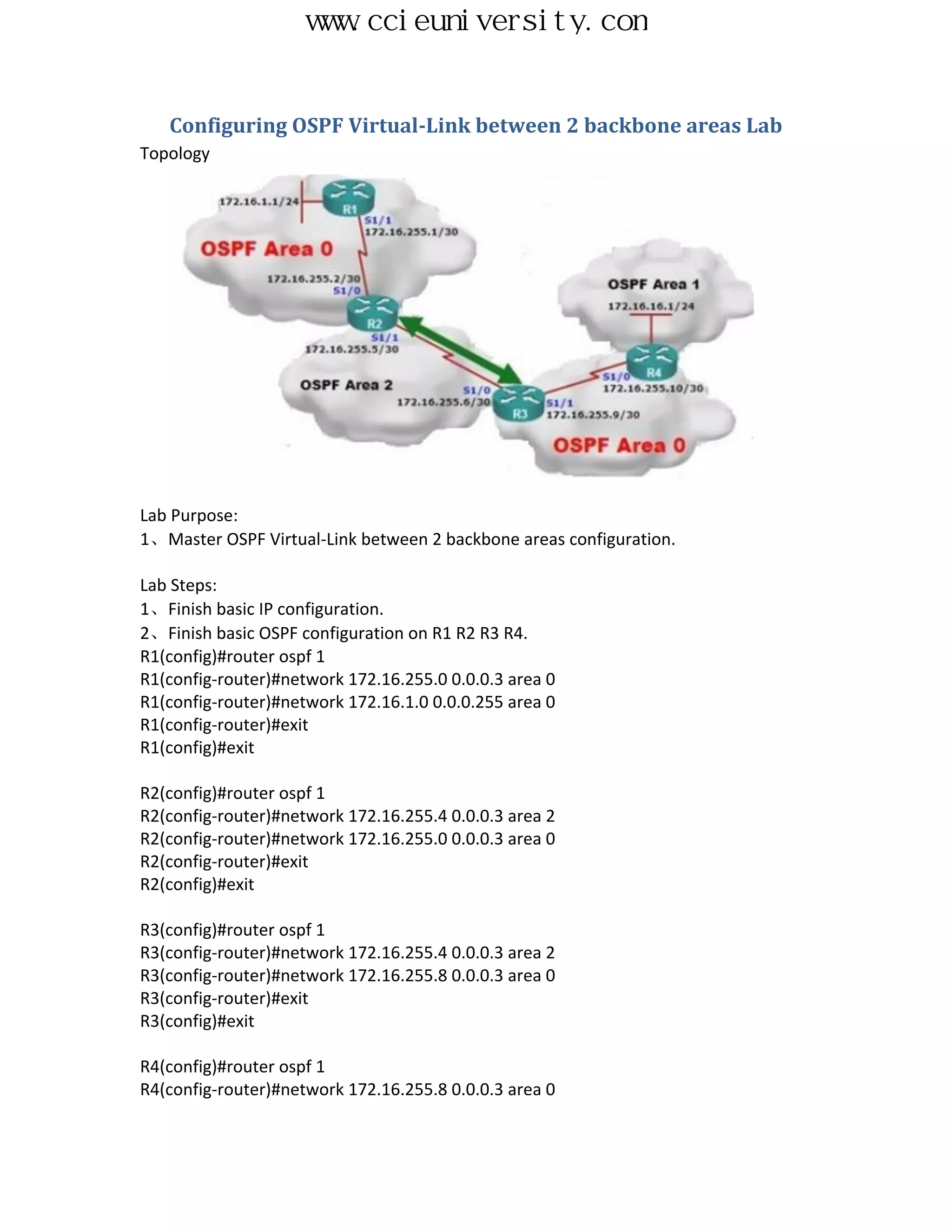 www.ccieuniversity.com


   Configuring OSPF Virtual-Link between 2 backbone areas Lab
Topology




Lab Purpose:
1、Master OSPF Virtual-Link between 2 backbone areas configuration.

Lab Steps:
1、Finish basic IP configuration.
2、Finish basic OSPF configuration on R1 R2 R3 R4.
R1(config)#router ospf 1
R1(config-router)#network 172.16.255.0 0.0.0.3 area 0
R1(config-router)#network 172.16.1.0 0.0.0.255 area 0
R1(config-router)#exit
R1(config)#exit

R2(config)#router ospf 1
R2(config-router)#network 172.16.255.4 0.0.0.3 area 2
R2(config-router)#network 172.16.255.0 0.0.0.3 area 0
R2(config-router)#exit
R2(config)#exit

R3(config)#router ospf 1
R3(config-router)#network 172.16.255.4 0.0.0.3 area 2
R3(config-router)#network 172.16.255.8 0.0.0.3 area 0
R3(config-router)#exit
R3(config)#exit

R4(config)#router ospf 1
R4(config-router)#network 172.16.255.8 0.0.0.3 area 0
 