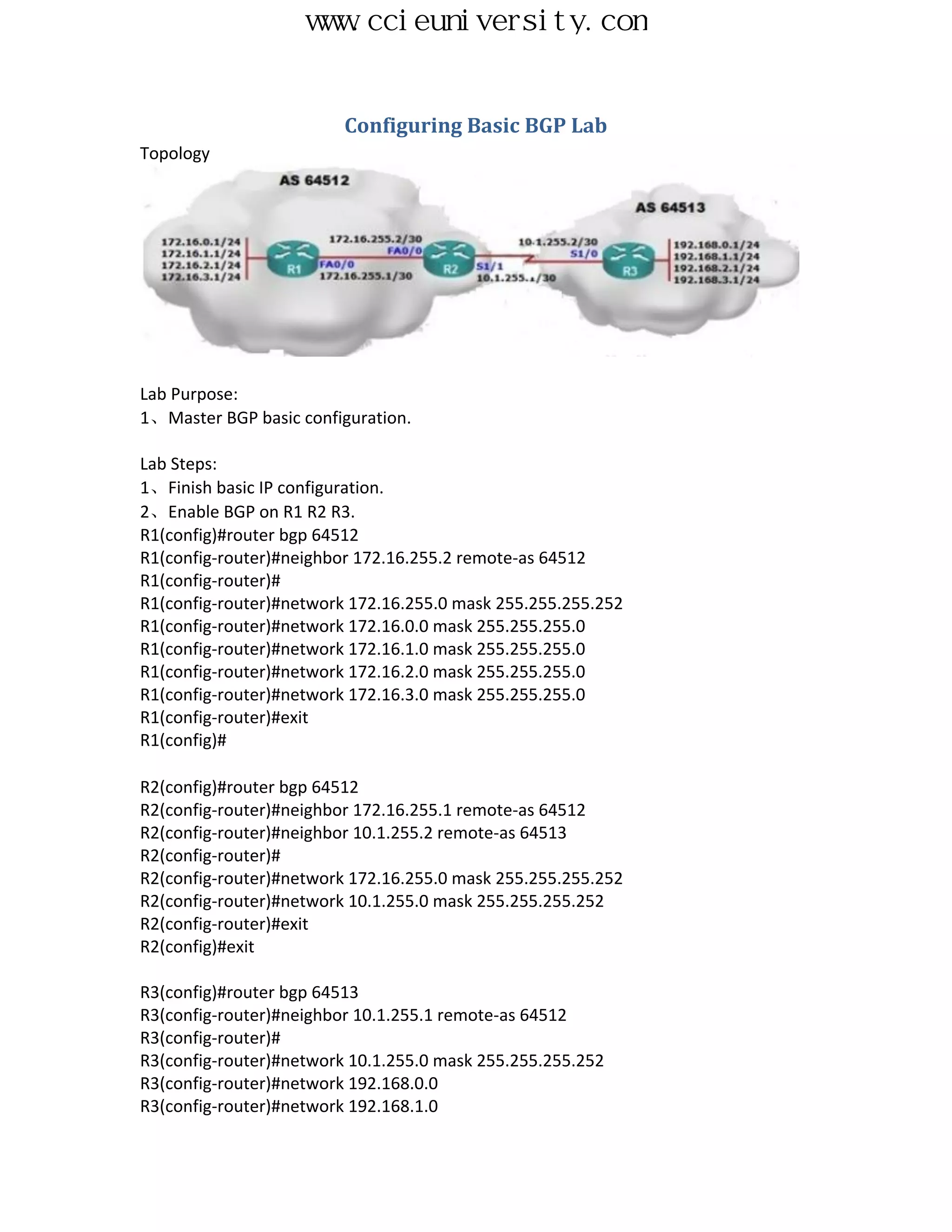 www.ccieuniversity.com


                         Configuring Basic BGP Lab
Topology




Lab Purpose:
1、Master BGP basic configuration.

Lab Steps:
1、Finish basic IP configuration.
2、Enable BGP on R1 R2 R3.
R1(config)#router bgp 64512
R1(config-router)#neighbor 172.16.255.2 remote-as 64512
R1(config-router)#
R1(config-router)#network 172.16.255.0 mask 255.255.255.252
R1(config-router)#network 172.16.0.0 mask 255.255.255.0
R1(config-router)#network 172.16.1.0 mask 255.255.255.0
R1(config-router)#network 172.16.2.0 mask 255.255.255.0
R1(config-router)#network 172.16.3.0 mask 255.255.255.0
R1(config-router)#exit
R1(config)#

R2(config)#router bgp 64512
R2(config-router)#neighbor 172.16.255.1 remote-as 64512
R2(config-router)#neighbor 10.1.255.2 remote-as 64513
R2(config-router)#
R2(config-router)#network 172.16.255.0 mask 255.255.255.252
R2(config-router)#network 10.1.255.0 mask 255.255.255.252
R2(config-router)#exit
R2(config)#exit

R3(config)#router bgp 64513
R3(config-router)#neighbor 10.1.255.1 remote-as 64512
R3(config-router)#
R3(config-router)#network 10.1.255.0 mask 255.255.255.252
R3(config-router)#network 192.168.0.0
R3(config-router)#network 192.168.1.0
 