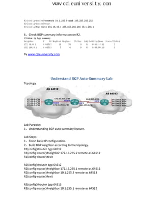 www.ccieuniversity.com


R3(config-router)#network 10.1.255.0 mask 255.255.255.252
R3(config-router)#exit
R3(config)#ip route 172.16.16.1 255.255.255.255 10.1.255.1


6、Check BGP summary information on R2.
R2#show ip bgp   summary
Neighbor          V    AS MsgRcvd MsgSent   TblVer   InQ OutQ Up/Down State/PfxRcd
172.16.0.1        4 64512      19      20        9     0    0 00:14:11       2
192.168.0.1       4 64513       5       6        9     0    0 00:00:10       3

By www.ccieuniversity.com




                        Understand BGP Auto-Summary Lab
Topology




Lab Purpose:
1、Understanding BGP auto summary feature.

Lab Steps:
1、Finish basic IP configuration.
2、Build BGP neighbor according to the topology.
R1(config)#router bgp 64512
R1(config-router)#neighbor 172.16.255.2 remote-as 64512
R1(config-router)#exit

R2(config)#router bgp 64512
R2(config-router)#neighbor 172.16.255.1 remote-as 64512
R2(config-router)#neighbor 10.1.255.2 remote-as 64513
R2(config-router)#exit

R3(config)#router bgp 64513
R3(config-router)#neighbor 10.1.255.1 remote-as 64512
 