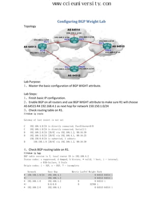 www.ccieuniversity.com


                             Configuring BGP Weight Lab
Topology




Lab Purpose:
1、Master the basic configuration of BGP WIGHT attribute.

Lab Steps:
1、Finish basic IP configuration.
2、Enable BGP on all routers and use BGP WIGHT attribute to make sure R1 will choose
AS 64515 R4 192.168.4.1 as next hop for network 150.150.1.0/24
3、Check routing table on R1.
R1#show ip route

Gateway of last resort is not set

C    192.168.4.0/24   is directly connected, FastEthernet0/0
C    192.168.1.0/24   is directly connected, Serial1/1
B    192.168.2.0/24   [20/0] via 192.168.1.2, 00:16:39
B    192.168.3.0/24   [20/0] via 192.168.4.1, 00:16:25
     150.150.0.0/24   is subnetted, 1 subnets
B       150.150.1.0   [20/0] via 192.168.1.2, 00:16:39


4、Check BGP routing table on R1.
R1#show ip bgp
BGP table version is 7, local router ID is 192.168.4.2
Status codes: s suppressed, d damped, h history, * valid, > best, i - internal,
              r RIB-failure, S Stale
Origin codes: i - IGP, e - EGP, ? - incomplete

   Network            Next Hop            Metric LocPrf Weight   Path
* 150.150.1.0/24      192.168.4.1                            0   64515   64514 i
*>                    192.168.1.2                            0   64513   64514 i
* 192.168.1.0         192.168.1.2              0             0   64513   i
*>                    0.0.0.0                  0         32768   i
* 192.168.2.0         192.168.4.1                            0   64515   64514 i
 