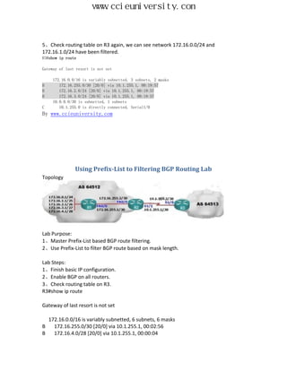 www.ccieuniversity.com



5、Check routing table on R3 again, we can see network 172.16.0.0/24 and
172.16.1.0/24 have been filtered.
R3#show ip route

Gateway of last resort is not set

     172.16.0.0/16 is variably subnetted, 3 subnets, 2 masks
B       172.16.255.0/30 [20/0] via 10.1.255.1, 00:19:57
B       172.16.2.0/24 [20/0] via 10.1.255.1, 00:19:57
B       172.16.3.0/24 [20/0] via 10.1.255.1, 00:19:57
     10.0.0.0/30 is subnetted, 1 subnets
C       10.1.255.0 is directly connected, Serial1/0
By www.ccieuniversity.com




               Using Prefix-List to Filtering BGP Routing Lab
Topology




Lab Purpose:
1、Master Prefix-List based BGP route filtering.
2、Use Prefix-List to filter BGP route based on mask length.

Lab Steps:
1、Finish basic IP configuration.
2、Enable BGP on all routers.
3、Check routing table on R3.
R3#show ip route

Gateway of last resort is not set

  172.16.0.0/16 is variably subnetted, 6 subnets, 6 masks
B   172.16.255.0/30 [20/0] via 10.1.255.1, 00:02:56
B   172.16.4.0/28 [20/0] via 10.1.255.1, 00:00:04
 