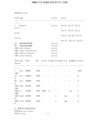www.ccieuniversity.com


SW1#show vlan

VLAN Name                             Status    Ports
---- -------------------------------- --------- ------------------------
-------
1    default                          active    Fa1/0, Fa1/2, Fa1/3,
Fa1/4
                                                Fa1/5, Fa1/6, Fa1/7,
Fa1/8
                                                Fa1/9, Fa1/10, Fa1/11,
Fa1/12
                                                Fa1/13, Fa1/14, Fa1/15
10    ccieuniversity10                active
20    ccieuniversity20                active
1002 fddi-default                     active
1003 token-ring-default               active
1004 fddinet-default                  active
1005 trnet-default                    active

VLAN Type    SAID       MTU    Parent RingNo BridgeNo Stp   BrdgMode Trans1
Trans2
---- -----   ---------- ----- ------ ------ -------- ---- -------- ------
------
1    enet    100001     1500   -         -   -        -     -        1002
1003
10   enet    100010     1500   -         -   -        -     -        0
0
20   enet    100020     1500   -         -   -        -     -        0
0
1002 fddi    101002     1500 -           -   -        -     -        1
1003
1003 tr      101003     1500   1005   0      -        -     srb      1
1002
1004 fdnet   101004     1500   -         -   1        ibm   -        0
0
1005 trnet   101005     1500   -         -   1        ibm   -        0
0

9、查看 VTP 的状态信息：
SW1#show vtp status
VTP Version                        : 2
 