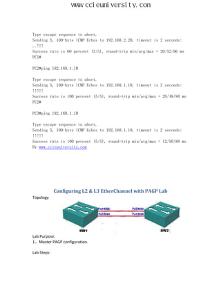 www.ccieuniversity.com



Type escape sequence to abort.
Sending 5, 100-byte ICMP Echos to 192.168.2.20, timeout is 2 seconds:
..!!!
Success rate is 60 percent (3/5), round-trip min/avg/max = 20/52/96 ms
PC1#

PC2#ping 192.168.1.10

Type escape sequence to abort.
Sending 5, 100-byte ICMP Echos to 192.168.1.10, timeout is 2 seconds:
!!!!!
Success rate is 100 percent (5/5), round-trip min/avg/max = 20/48/88 ms
PC2#

PC3#ping 192.168.1.10

Type escape sequence to abort.
Sending 5, 100-byte ICMP Echos to 192.168.1.10, timeout is 2 seconds:
!!!!!
Success rate is 100 percent (5/5), round-trip min/avg/max = 12/50/88 ms
By www.ccieuniversity.com




             Configuring L2 & L3 EtherChannel with PAGP Lab
Topology




Lab Purpose:
1、Master PAGP configuration.

Lab Steps:
 