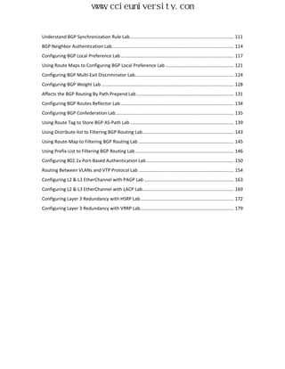 www.ccieuniversity.com


Understand BGP Synchronization Rule Lab ................................................................................. 111
BGP Neighbor Authentication Lab............................................................................................... 114
Configuring BGP Local Preference Lab ........................................................................................ 117
Using Route Maps to Configuring BGP Local Preference Lab ..................................................... 121
Configuring BGP Multi-Exit Discriminator Lab............................................................................. 124
Configuring BGP Weight Lab ....................................................................................................... 128
Affects the BGP Routing By Path Prepend Lab ............................................................................ 131
Configuring BGP Routes Reflector Lab ........................................................................................ 134
Configuring BGP Confederation Lab ............................................................................................ 135
Using Route Tag to Store BGP AS-Path Lab ................................................................................. 139
Using Distribute-list to Filtering BGP Routing Lab ....................................................................... 143
Using Route-Map to Filtering BGP Routing Lab .......................................................................... 145
Using Prefix-List to Filtering BGP Routing Lab ............................................................................. 146
Configuring 802.1x Port-Based Authentication Lab .................................................................... 150
Routing Between VLANs and VTP Protocol Lab .......................................................................... 154
Configuring L2 & L3 EtherChannel with PAGP Lab ...................................................................... 163
Configuring L2 & L3 EtherChannel with LACP Lab ....................................................................... 169
Configuring Layer 3 Redundancy with HSRP Lab ......................................................................... 172
Configuring Layer 3 Redundancy with VRRP Lab......................................................................... 179
 