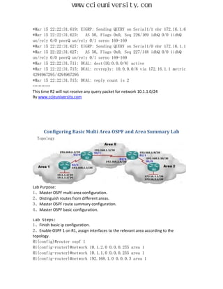 www.ccieuniversity.com


*Mar 15 22:22:31.619: EIGRP: Sending QUERY on Serial1/1 nbr 172.16.1.6
*Mar 15 22:22:31.623:          AS 50, Flags 0x0, Seq 226/169 idbQ 0/0 iidbQ
un/rely 0/0 peerQ un/rely 0/1 serno 169-169
*Mar 15 22:22:31.627: EIGRP: Sending QUERY on Serial1/0 nbr 172.16.1.1
*Mar 15 22:22:31.627:          AS 50, Flags 0x0, Seq 227/148 idbQ 0/0 iidbQ
un/rely 0/0 peerQ un/rely 0/1 serno 169-169
*Mar 15 22:22:31.711: DUAL: dest(10.0.0.0/8) active
*Mar 15 22:22:31.715: DUAL: rcvreply: 10.0.0.0/8 via 172.16.1.1 metric
4294967295/4294967295
*Mar 15 22:22:31.715: DUAL: reply count is 2
…………
This time R2 will not receive any query packet for network 10.1.1.0/24
By www.ccieuniversity.com




      Configuring Basic Multi Area OSPF and Area Summary Lab
  Topology




Lab Purpose:
1、Master OSPF multi area configuration.
2、Distinguish routes from different areas.
3、Master OSPF route summary configuration.
4、Master OSPF basic configuration.

Lab Steps:
1、Finish basic ip configuration.
2、Enable OSPF 1 on R1, assign interfaces to the relevant area according to the
topology.
R1(config)#router ospf 1
R1(config-router)#network 10.1.2.0 0.0.0.255 area 1
R1(config-router)#network 10.1.1.0 0.0.0.255 area 1
R1(config-router)#network 192.168.1.0 0.0.0.3 area 1
 