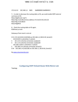 www.ccieuniversity.com


172.16.3.0    192.168.1.6    3603    0x80000003 0x00B949 0

7、In order to decrease the routing table on R1, we could enable OSPF external
summary on R3.
R3(config)#router ospf 1
R3(config-router)#summary-address 172.16.0.0 255.255.0.0
R3(config-router)#exit
R3(config)#exit

8、Check the routing table on R1 again.
R1#show ip route

Gateway of last resort is not set

O E1 172.16.0.0/16 [110/328] via 192.168.1.2, 00:01:29, Serial1/1
   10.0.0.0/24 is subnetted, 2 subnets
C    10.1.2.0 is directly connected, Loopback1
C    10.1.1.0 is directly connected, Loopback0
   192.168.1.0/30 is subnetted, 2 subnets
C    192.168.1.0 is directly connected, Serial1/1
O IA 192.168.1.4 [110/128] via 192.168.1.2, 00:24:56, Serial1/1

By www.ccieuniversity.com




             Configuring OSPF Default Route With Metric Lab
Topology
 