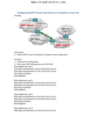 www.ccieuniversity.com


   Configuring OSPF Virtual-Link between 2 backbone areas Lab
Topology




Lab Purpose:
1、Master OSPF Virtual-Link between 2 backbone areas configuration.

Lab Steps:
1、Finish basic IP configuration.
2、Finish basic OSPF configuration on R1 R2 R3 R4.
R1(config)#router ospf 1
R1(config-router)#network 172.16.255.0 0.0.0.3 area 0
R1(config-router)#network 172.16.1.0 0.0.0.255 area 0
R1(config-router)#exit
R1(config)#exit

R2(config)#router ospf 1
R2(config-router)#network 172.16.255.4 0.0.0.3 area 2
R2(config-router)#network 172.16.255.0 0.0.0.3 area 0
R2(config-router)#exit
R2(config)#exit

R3(config)#router ospf 1
R3(config-router)#network 172.16.255.4 0.0.0.3 area 2
R3(config-router)#network 172.16.255.8 0.0.0.3 area 0
R3(config-router)#exit
R3(config)#exit

R4(config)#router ospf 1
R4(config-router)#network 172.16.255.8 0.0.0.3 area 0
 