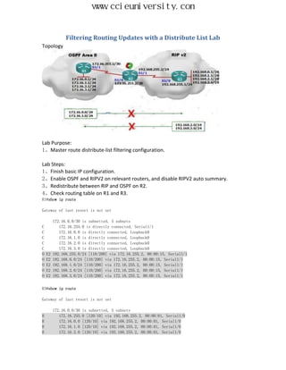 www.ccieuniversity.com


               Filtering Routing Updates with a Distribute List Lab
Topology




Lab Purpose:
1、Master route distribute-list filtering configuration.

Lab Steps:
1、Finish basic IP configuration.
2、Enable OSPF and RIPV2 on relevant routers, and disable RIPV2 auto summary.
3、Redistribute between RIP and OSPF on R2.
4、Check routing table on R1 and R3.
R1#show ip route

Gateway of last resort is not set

         172.16.0.0/30 is subnetted, 5 subnets
C           172.16.255.0 is directly connected, Serial1/1
C           172.16.0.0 is directly connected, Loopback0
C           172.16.1.0 is directly connected, Loopback0
C           172.16.2.0 is directly connected, Loopback0
C           172.16.3.0 is directly connected, Loopback0
O   E2   192.168.255.0/24 [110/200] via 172.16.255.2, 00:00:15, Serial1/1
O   E2   192.168.0.0/24 [110/200] via 172.16.255.2, 00:00:15, Serial1/1
O   E2   192.168.1.0/24 [110/200] via 172.16.255.2, 00:00:15, Serial1/1
O   E2   192.168.2.0/24 [110/200] via 172.16.255.2, 00:00:15, Serial1/1
O   E2   192.168.3.0/24 [110/200] via 172.16.255.2, 00:00:15, Serial1/1


R3#show ip route

Gateway of last resort is not set

         172.16.0.0/30 is subnetted, 5 subnets
R           172.16.255.0 [120/10] via 192.168.255.2, 00:00:01, Serial1/0
R           172.16.0.0 [120/10] via 192.168.255.2, 00:00:01, Serial1/0
R           172.16.1.0 [120/10] via 192.168.255.2, 00:00:01, Serial1/0
R           172.16.2.0 [120/10] via 192.168.255.2, 00:00:01, Serial1/0
 