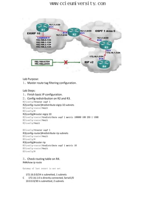 www.ccieuniversity.com




Lab Purpose:
1、Master route tag filtering configuration.

Lab Steps:
1、Finish basic IP configuration.
2、Config redistribution on R2 and R3.
R2(config)#router ospf 1
R2(config-router)#redistribute eigrp 10 subnets
R2(config-router)#exit
R2(config)#
R2(config)#router eigrp 10
R2(config-router)#redistribute ospf 1 metric 100000 100 255 1 1500
R2(config-router)#exit
R2(config)#exit


R3(config)#router ospf 1
R3(config-router)#redistribute rip subnets
R3(config-router)#exit
R3(config)#
R3(config)#router rip
R3(config-router)#redistribute ospf 1 metric 10
R3(config-router)#exit
R3(config)#


3、Check routing table on R4.
R4#show ip route

Gateway of last resort is not set

    172.16.0.0/24 is subnetted, 1 subnets
C     172.16.1.0 is directly connected, Serial1/0
    10.0.0.0/30 is subnetted, 2 subnets
 