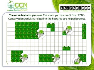 The more hectares you save The more you can profit from CCN’s
Conservation Activities related to the hectares you helped protect.
 