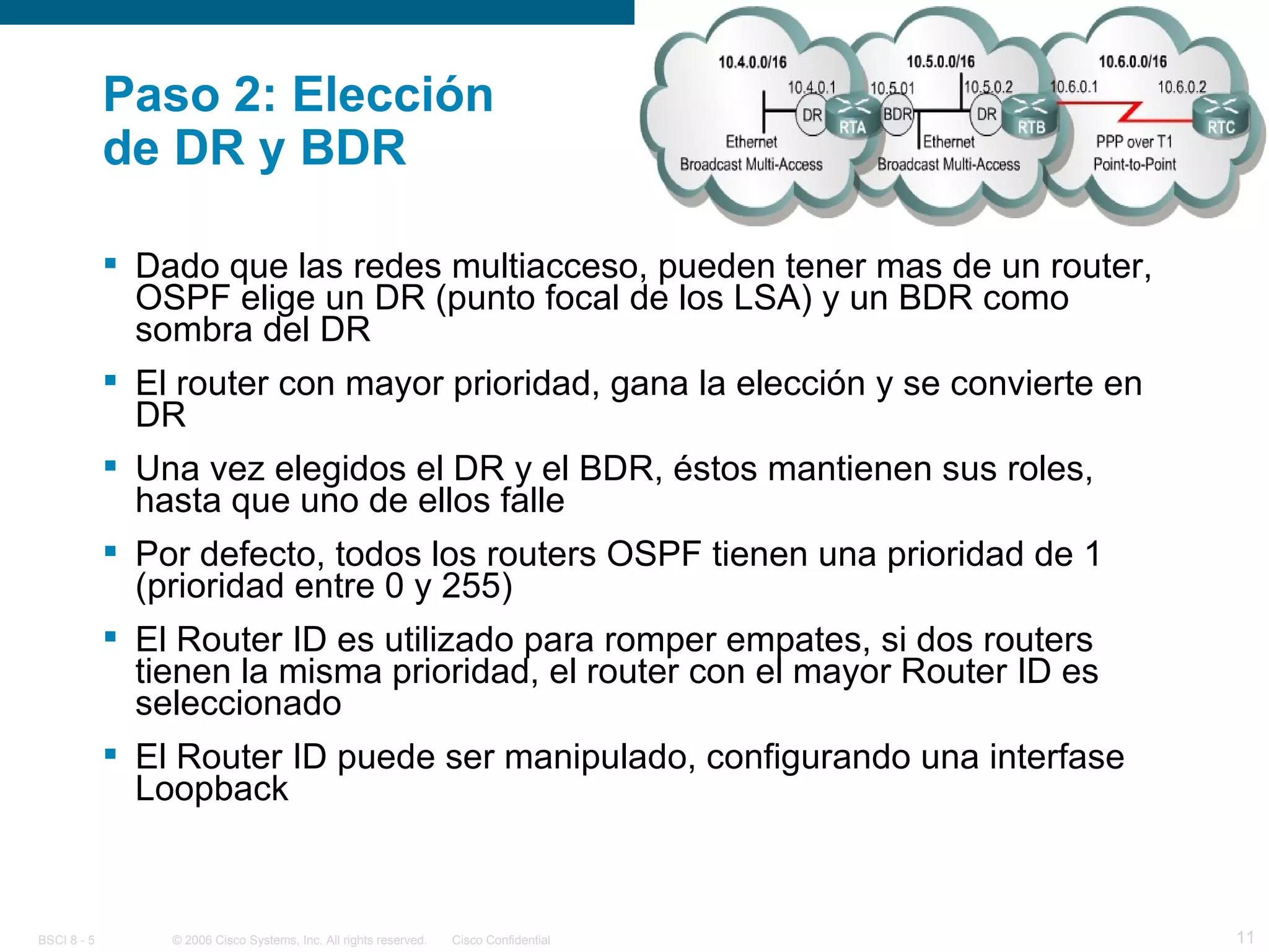 Paso 2: Elección  de DR y BDR Dado que las redes multiacceso, pueden tener mas de un router, OSPF elige un DR (punto focal de los LSA) y un BDR como sombra del DR El router con mayor prioridad, gana la elección y se convierte en DR Una vez elegidos el DR y el BDR, éstos mantienen sus roles, hasta que uno de ellos falle Por defecto, todos los routers OSPF tienen una prioridad de 1 (prioridad entre 0 y 255) El Router ID es utilizado para romper empates, si dos routers tienen la misma prioridad, el router con el mayor Router ID es seleccionado El Router ID puede ser manipulado, configurando una interfase Loopback 