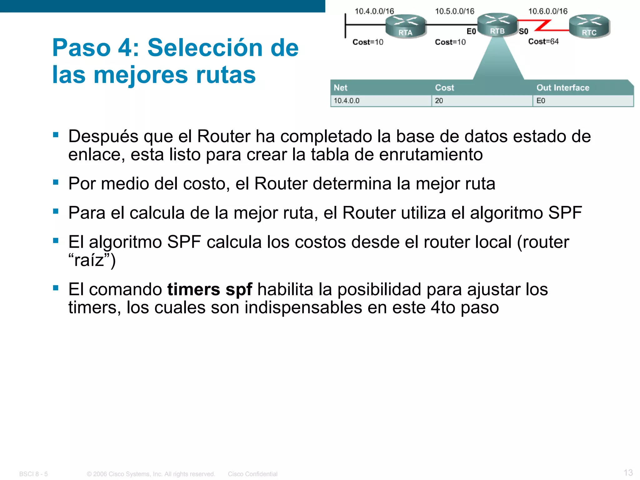 Paso 4: Selección de  las mejores rutas Después que el Router ha completado la base de datos estado de enlace, esta listo para crear la tabla de enrutamiento Por medio del costo, el Router determina la mejor ruta Para el calcula de la mejor ruta, el Router utiliza el algoritmo SPF El algoritmo SPF calcula los costos desde el router local (router “raíz”) El comando  timers spf  habilita la posibilidad para ajustar los timers, los cuales son indispensables en este 4to paso 