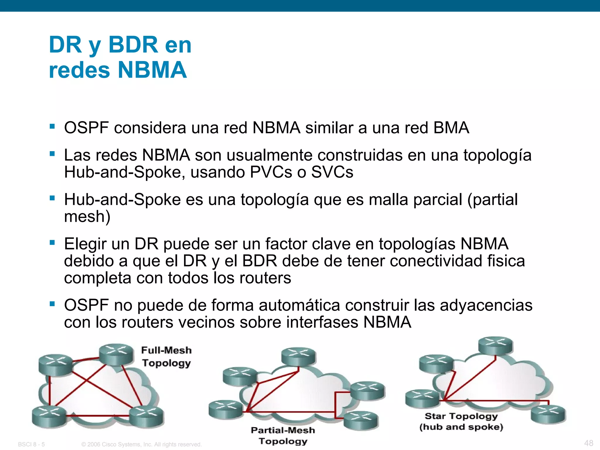 DR y BDR en  redes NBMA OSPF considera una red NBMA similar a una red BMA Las redes NBMA son usualmente construidas en una topología Hub-and-Spoke, usando PVCs o SVCs Hub-and-Spoke es una topología que es malla parcial (partial mesh) Elegir un DR puede ser un factor clave en topologías NBMA debido a que el DR y el BDR debe de tener conectividad fisica completa con todos los routers OSPF no puede de forma automática construir las adyacencias con los routers vecinos sobre interfases NBMA 