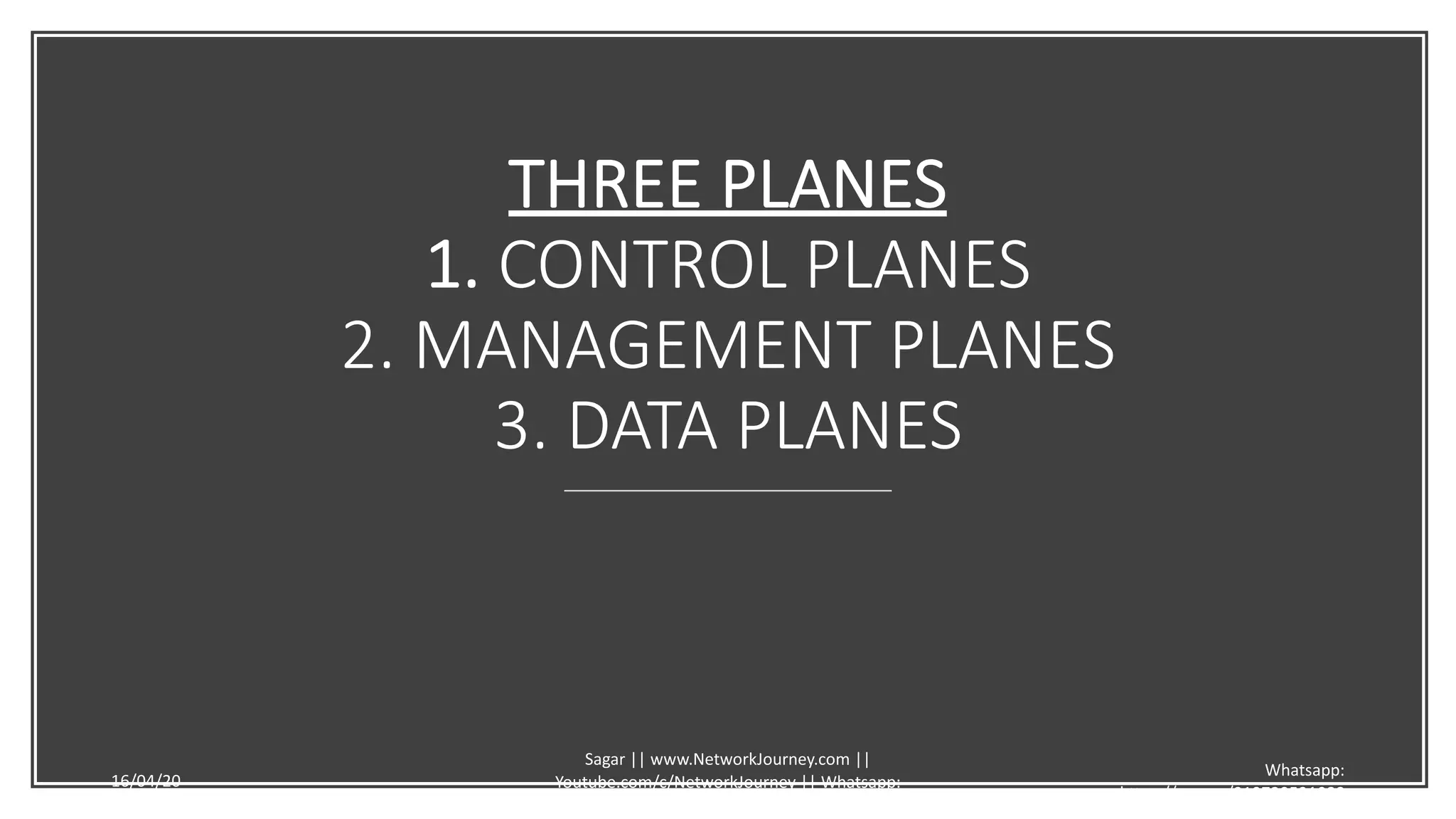 THREE PLANES
1. CONTROL PLANES
2. MANAGEMENT PLANES
3. DATA PLANES
16/04/20
Sagar || www.NetworkJourney.com ||
Youtube.com/c/NetworkJourney || Whatsapp:
https://wa.me/919739521088
Whatsapp:
https://wa.me/919739521088
 