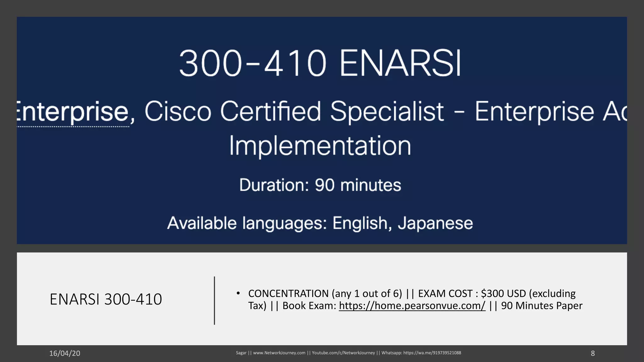 ENARSI 300-410 • CONCENTRATION (any 1 out of 6) || EXAM COST : $300 USD (excluding
Tax) || Book Exam: https://home.pearsonvue.com/ || 90 Minutes Paper
 
