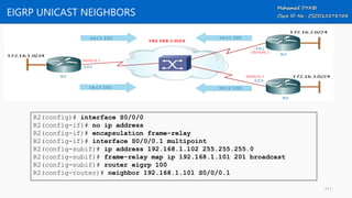 EIGRP UNICAST NEIGHBORS
R2(config)# interface S0/0/0
R2(config-if)# no ip address
R2(config-if)# encapsulation frame-relay
R2(config-if)# interface S0/0/0.1 multipoint
R2(config-subif)# ip address 192.168.1.102 255.255.255.0
R2(config-subif)# frame-relay map ip 192.168.1.101 201 broadcast
R2(config-subif)# router eigrp 100
R2(config-router)# neighbor 192.168.1.101 S0/0/0.1
111
 