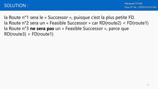 SOLUTION :
la Route n°1 sera le « Successor », puisque c’est la plus petite FD.
la Route n°2 sera un « Feasible Successor » car RD(route2) < FD(route1)
la Route n°3 ne sera pas un « Feasible Successor », parce que
RD(route3) > FD(route1)
27
 