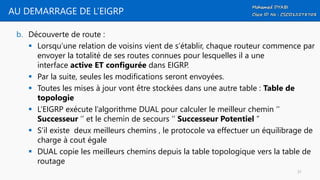 AU DEMARRAGE DE L’EIGRP
b. Découverte de route :
 Lorsqu’une relation de voisins vient de s’établir, chaque routeur commence par
envoyer la totalité de ses routes connues pour lesquelles il a une
interface active ET configurée dans EIGRP.
 Par la suite, seules les modifications seront envoyées.
 Toutes les mises à jour vont être stockées dans une autre table : Table de
topologie
 L’EIGRP exécute l’algorithme DUAL pour calculer le meilleur chemin ‘’
Successeur ‘’ et le chemin de secours ‘’ Successeur Potentiel ’’
 S’il existe deux meilleurs chemins , le protocole va effectuer un équilibrage de
charge à cout égale
 DUAL copie les meilleurs chemins depuis la table topologique vers la table de
routage
31
 