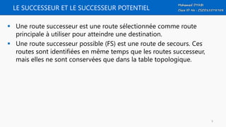 LE SUCCESSEUR ET LE SUCCESSEUR POTENTIEL
 Une route successeur est une route sélectionnée comme route
principale à utiliser pour atteindre une destination.
 Une route successeur possible (FS) est une route de secours. Ces
routes sont identifiées en même temps que les routes successeur,
mais elles ne sont conservées que dans la table topologique.
9
 