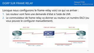 EIGRP SUR FRAME RELAY
Lorsque nous configurons le frame-relay voici ce qui va arriver :
1. Les routeur vont faire une demande d'état à l'aide de LMI.
2. Le commutateur de frame-relay va donner au routeur un numéro DLCI (ou
vous pouvez le configurer manuellement).
96
 