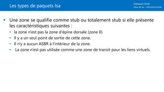 Les types de paquets lsa
 Une zone se qualifie comme stub ou totalement stub si elle présente
les caractéristiques suivantes :
• la zone n'est pas la zone d’épine dorsale (zone 0)
• Il y a un seul point de sortie de cette zone.
• Il n'y a aucun ASBR à l'intérieur de la zone.
• La zone n'est pas utilisée comme une zone de transit pour les liens virtuels.
 